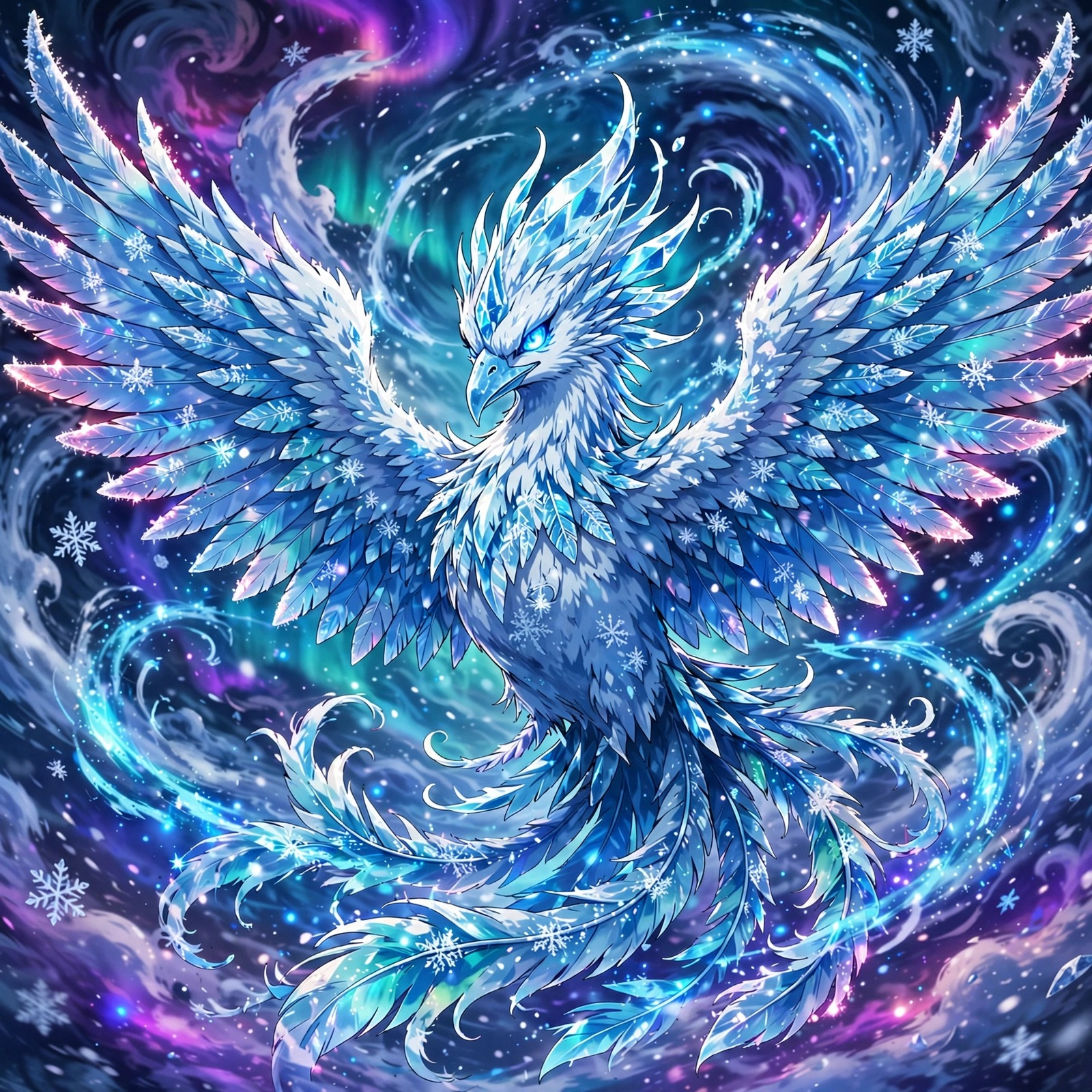 anime ice phoenix with frost feathers in blizzard dp