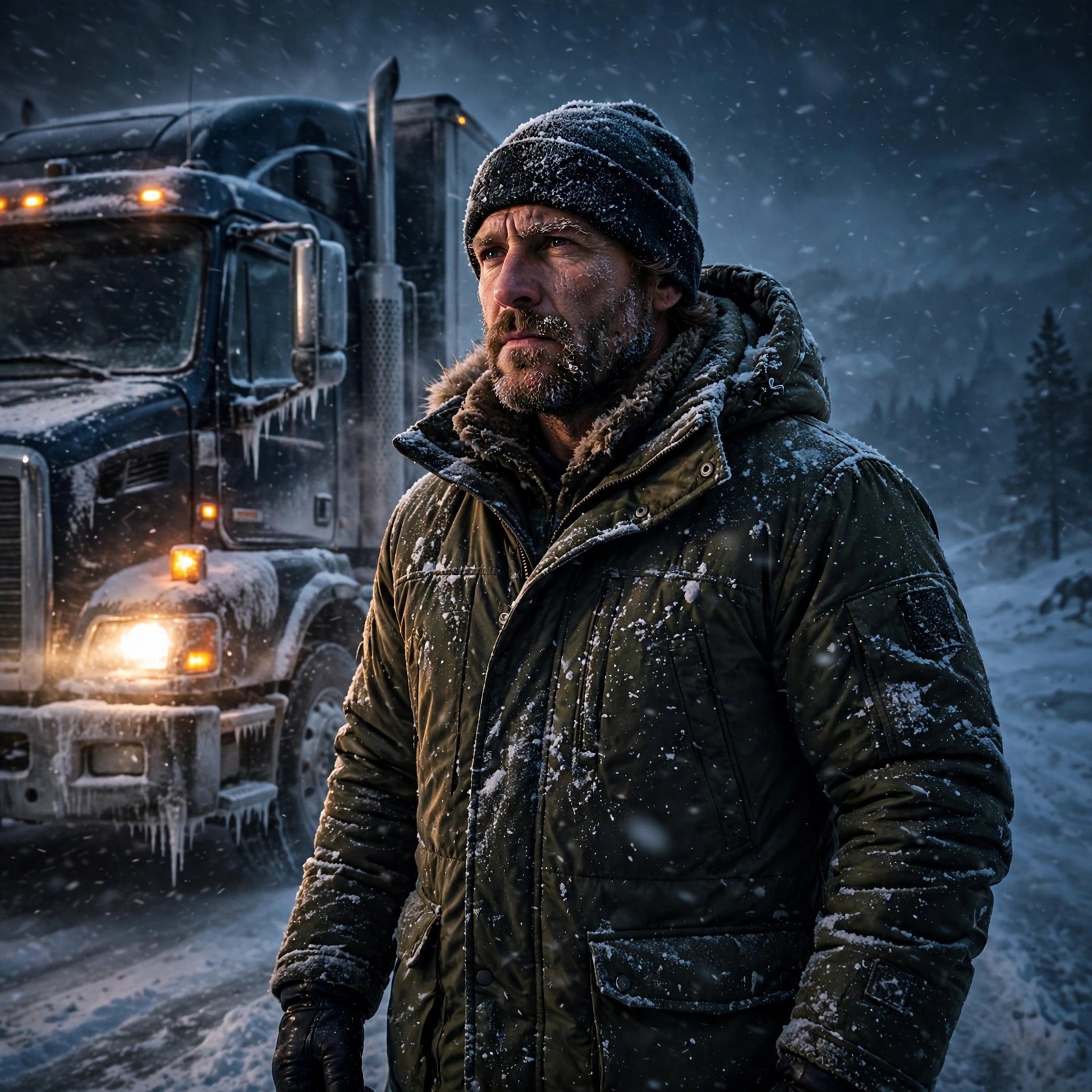 Ice Road Trucker in a Blizzard