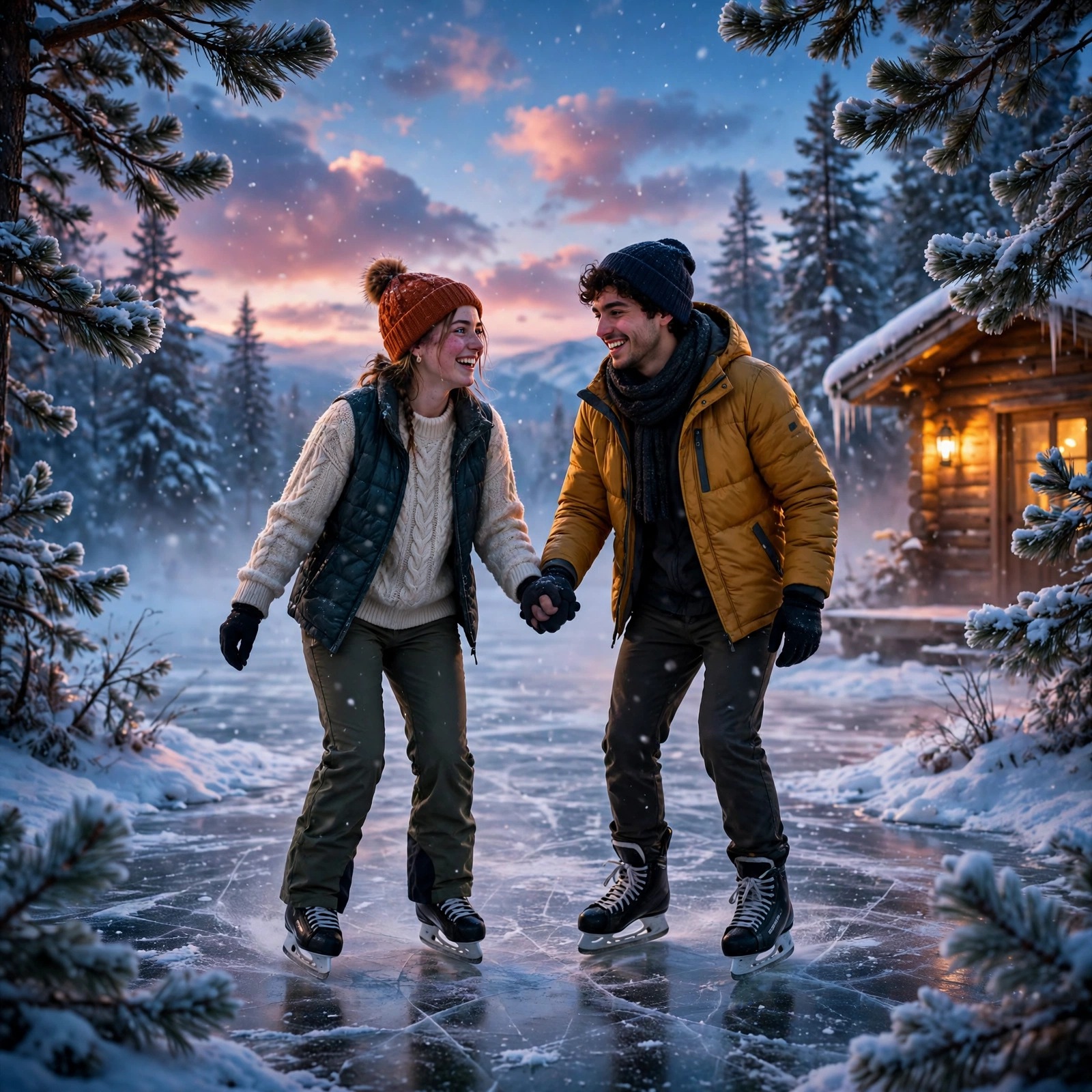 Two friends ice-skating hand in hand on a frozen pond at twilight, friendship WhatsApp DP