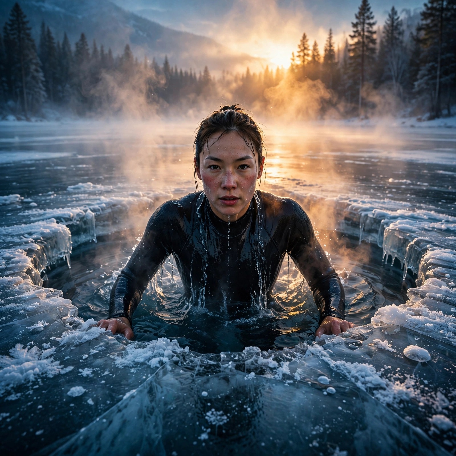 Ice Swimmer Frozen Lake Dawn Motivational Dp WhatsApp DP