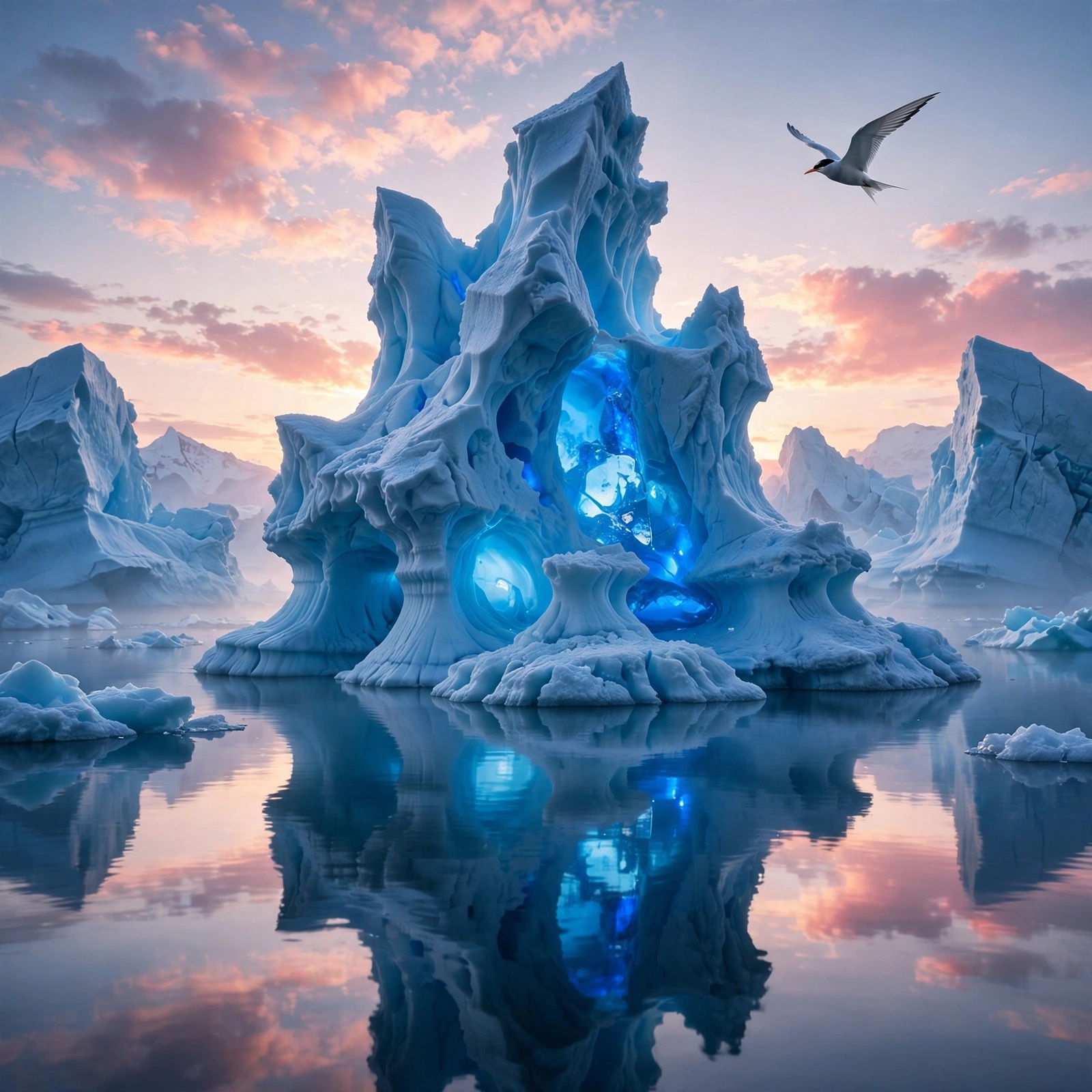 sculpted icebergs drifting on calm arctic sea at dawn nature dp