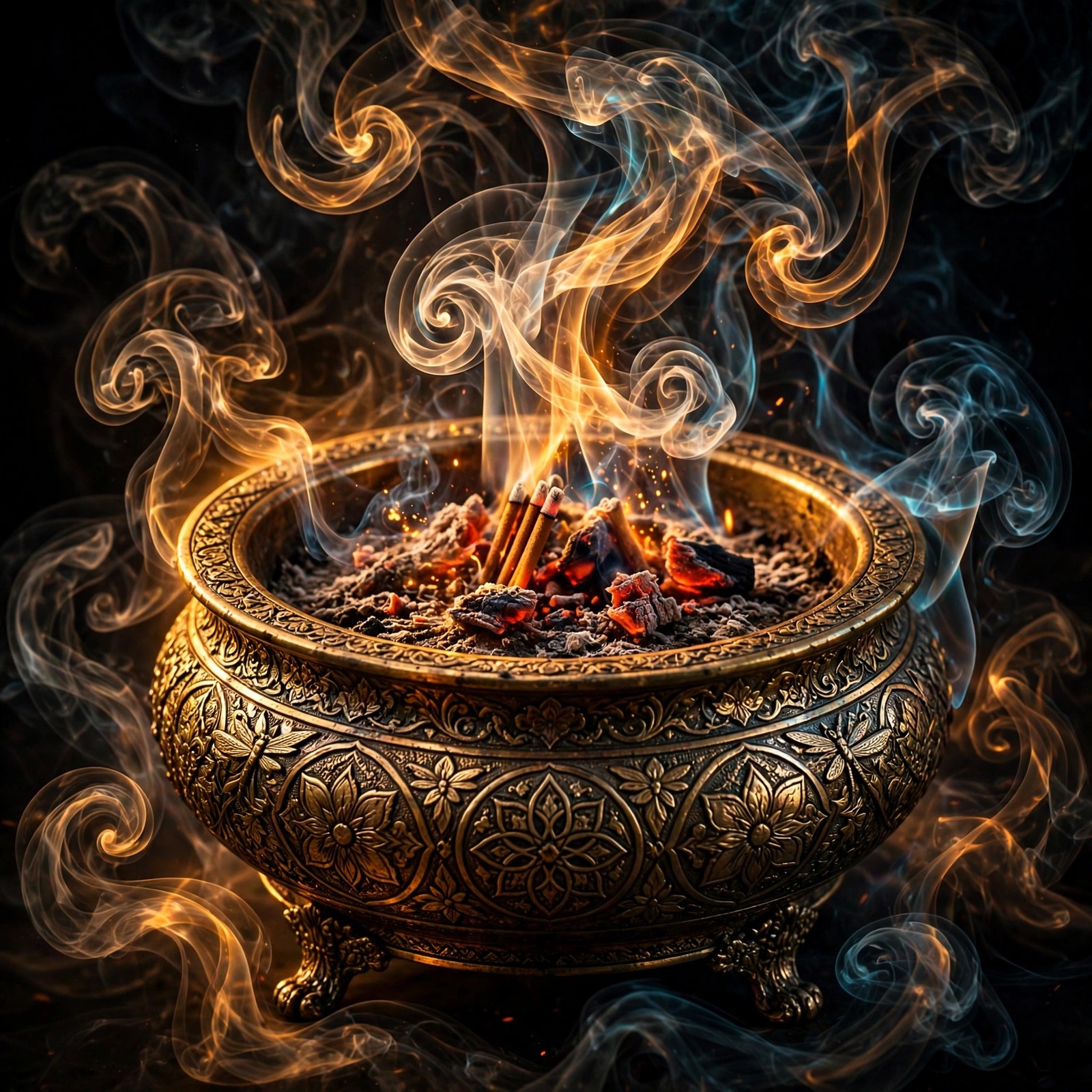 Incense smoke spiraling from an engraved brass burner against a dark background