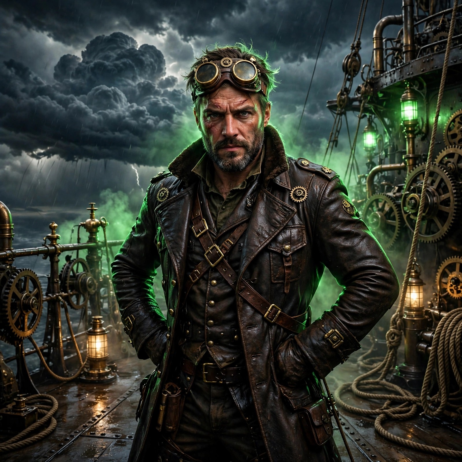 Steampunk airship captain on ironclad deck in storm, attitude DP