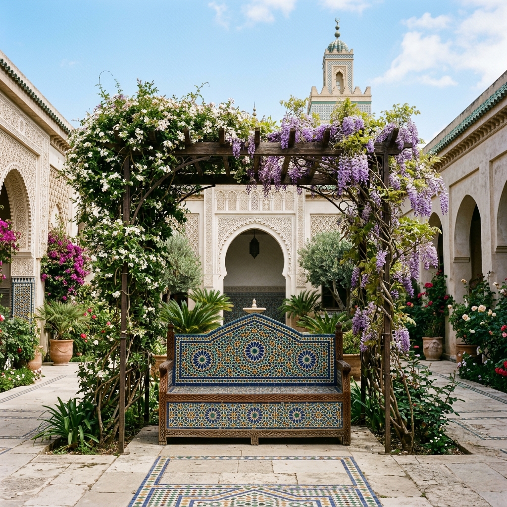 A garden bench with Islamic geometric mosaic sits beneath flowering vines