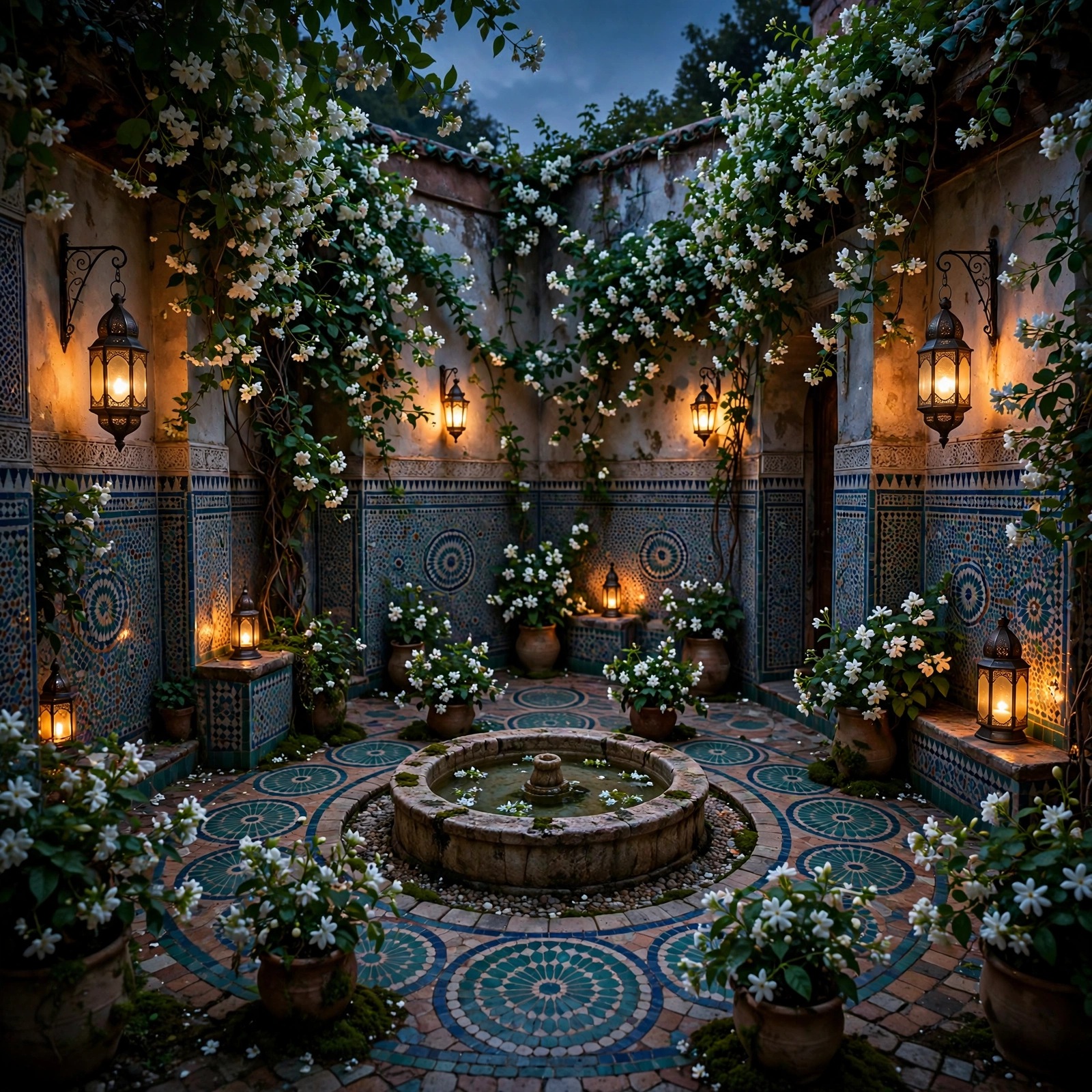 Jasmine courtyard with glowing evening lamps