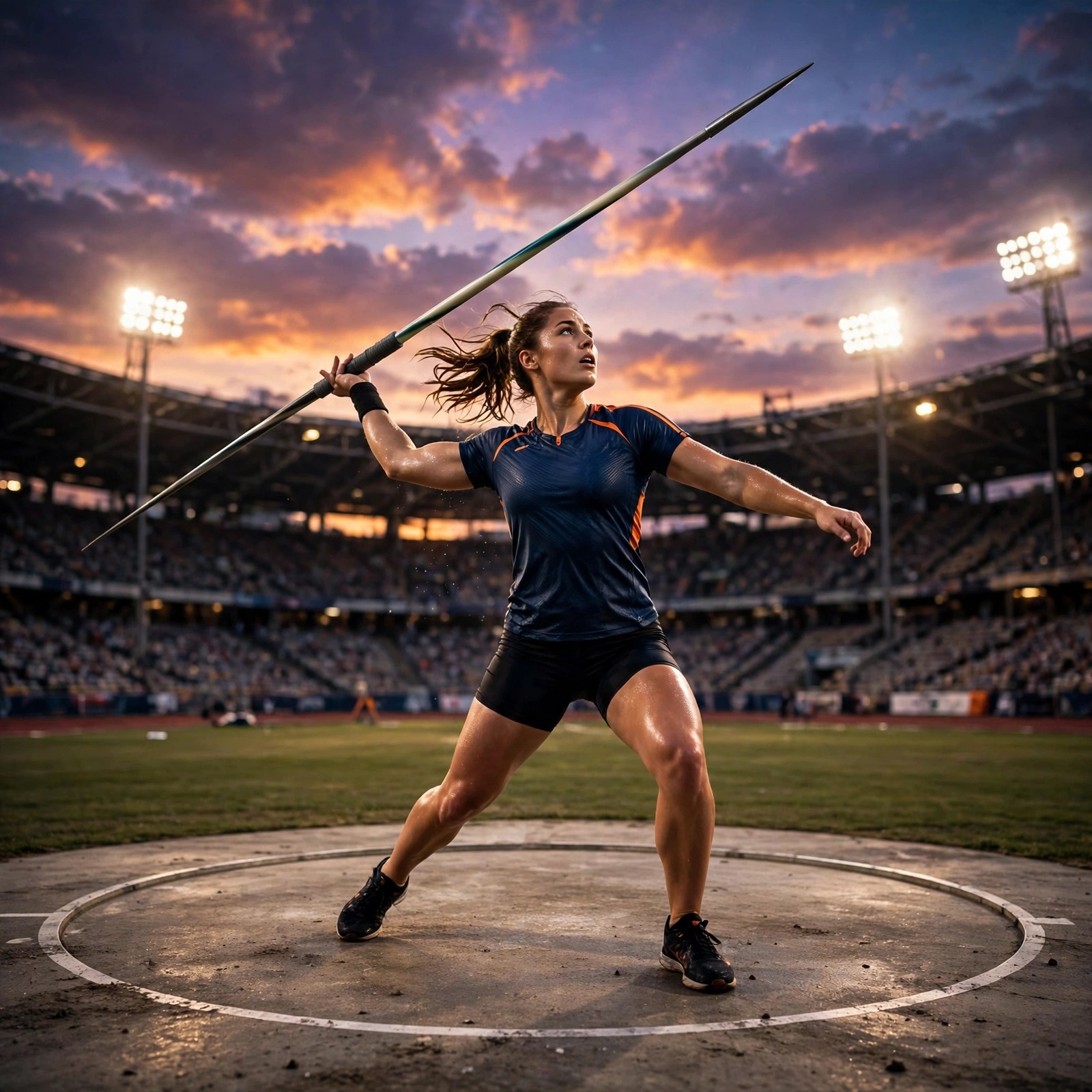 Javelin Thrower in a Stadium at Dusk