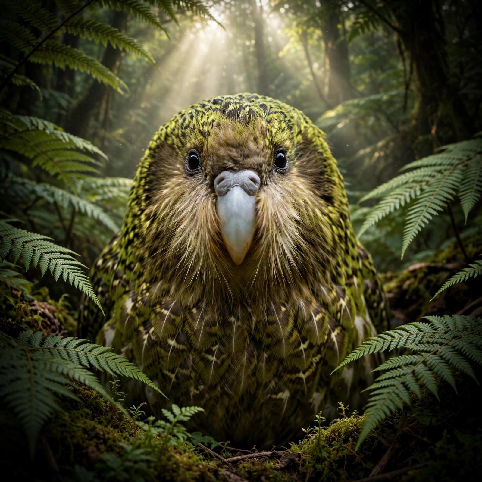 Kakapo parrot with moss-green feathers among ferns in a forest grove