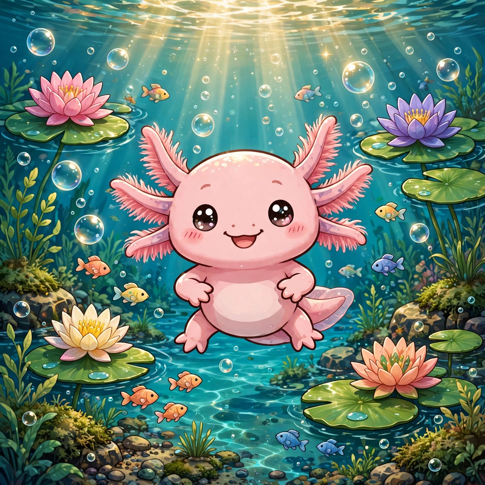kawaii axolotl floating in pond cute dp