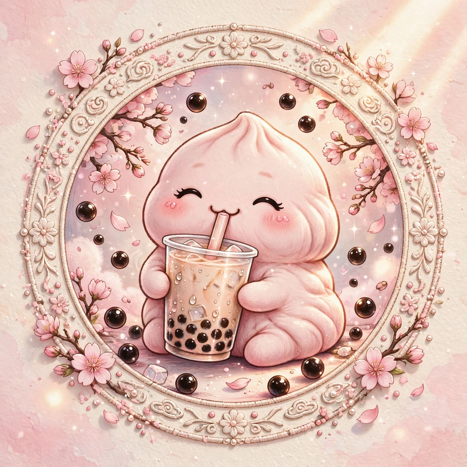 kawaii pastel-pink mochi character with rosy cheeks happily sipping bubble tea with floating tapioca pearls and cherry blossoms. cute dp