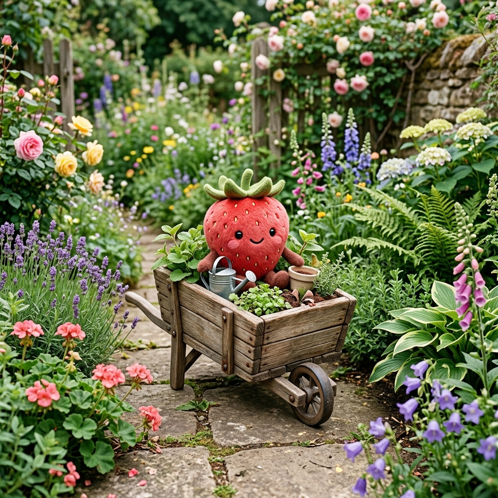 A soft 3D smiling strawberry character sits in a tiny wooden garden cart