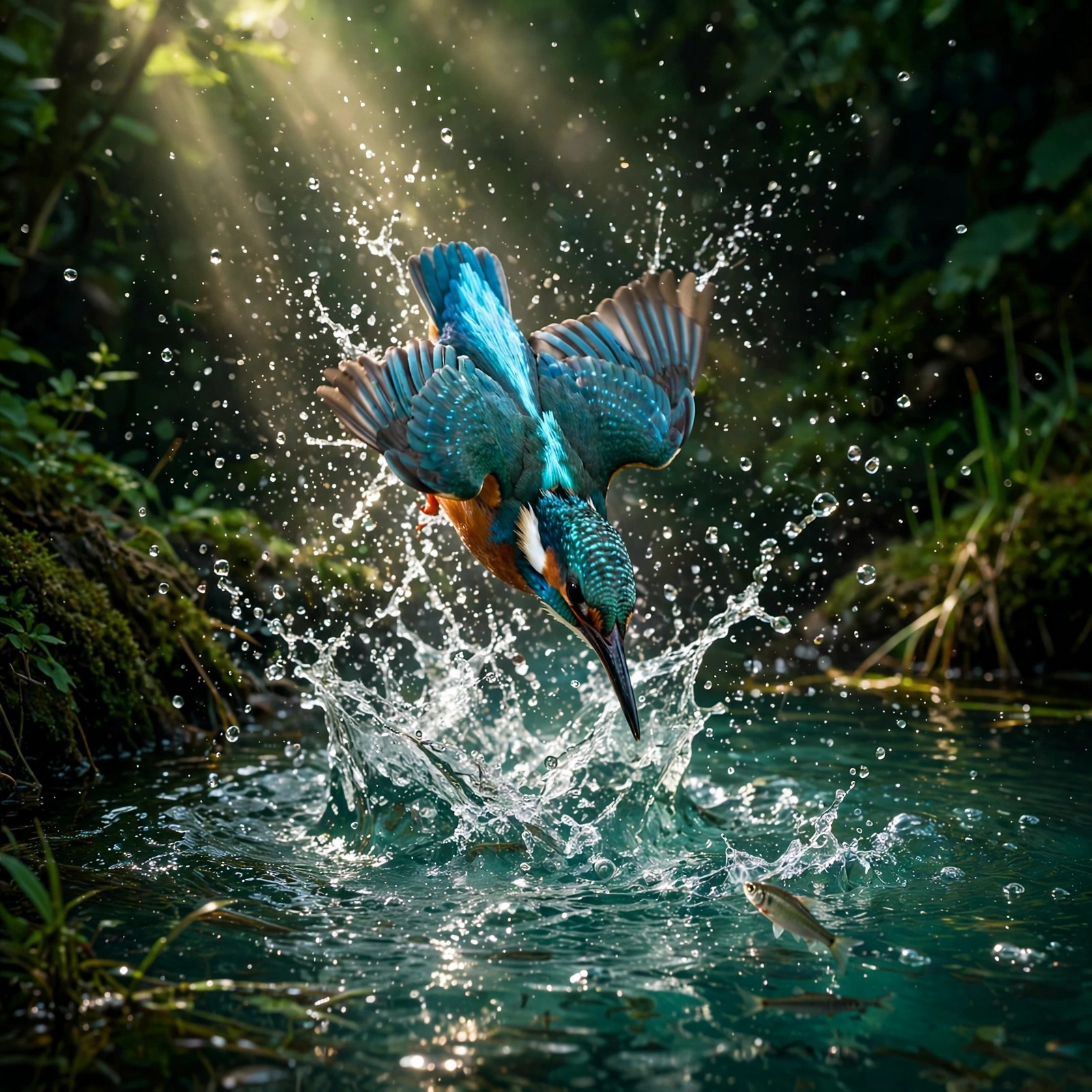 Kingfisher diving into a sparkling river mid-flight