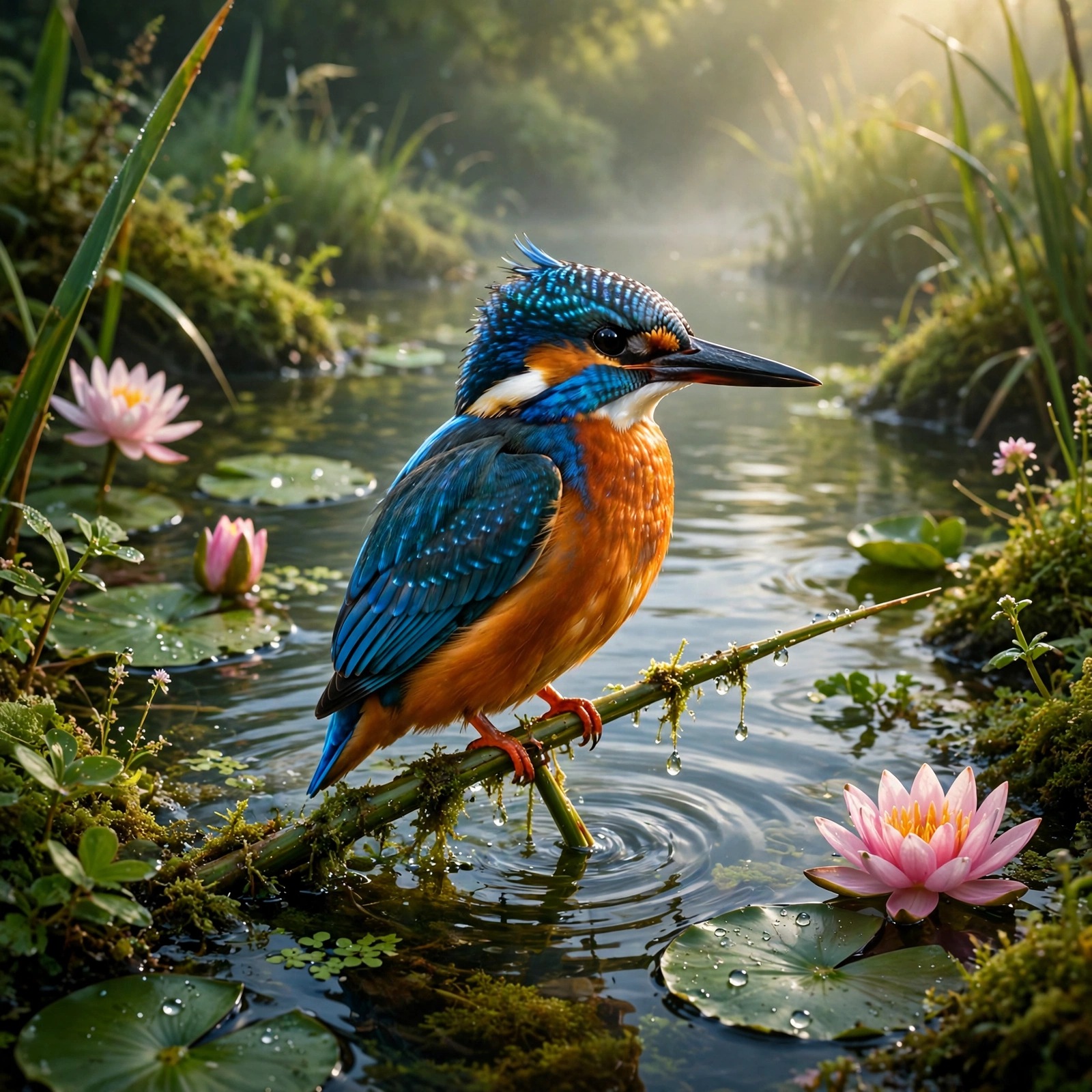 Kingfisher perched by river with water lilies