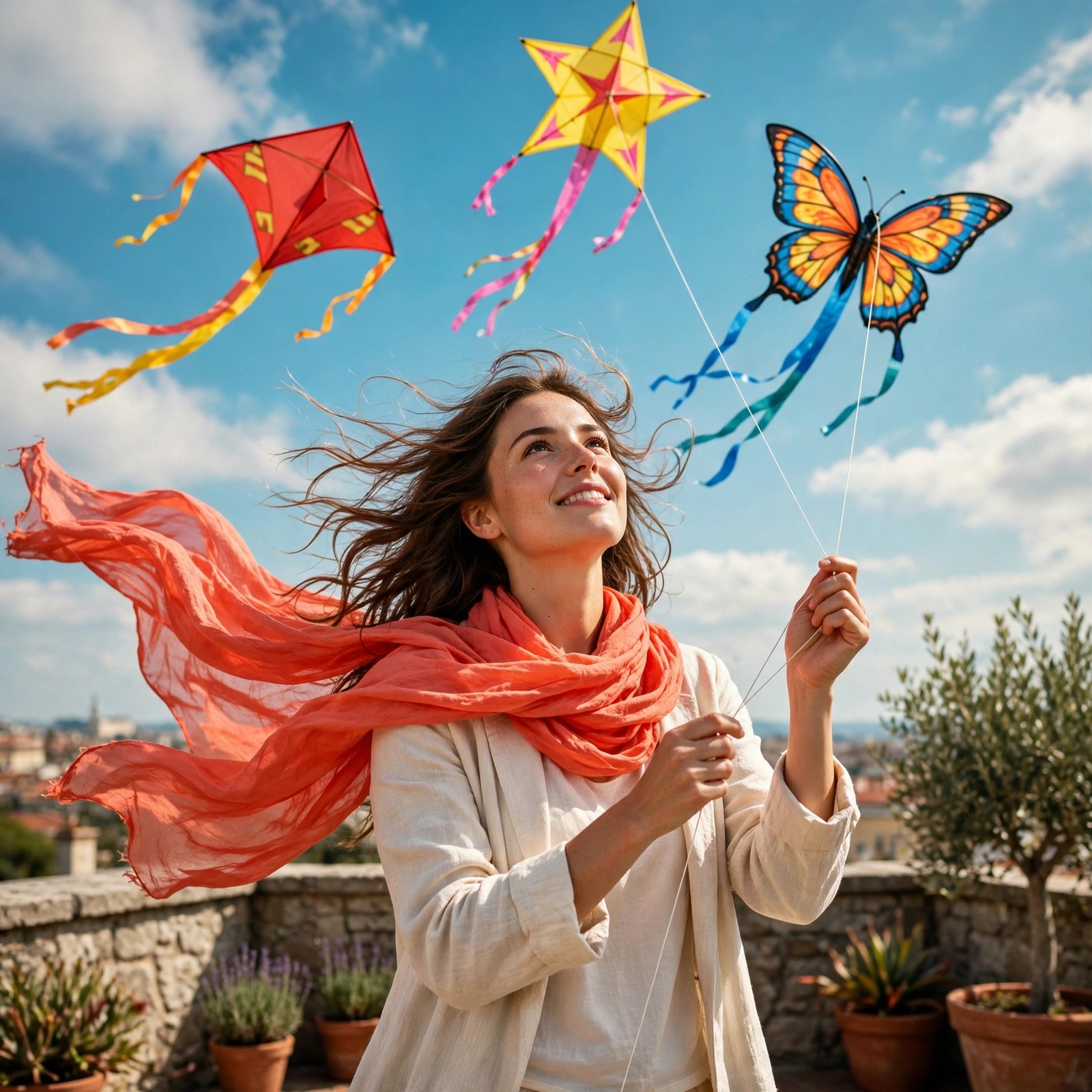 Woman flying colorful kites on a rooftop terrace, WhatsApp DP for girls