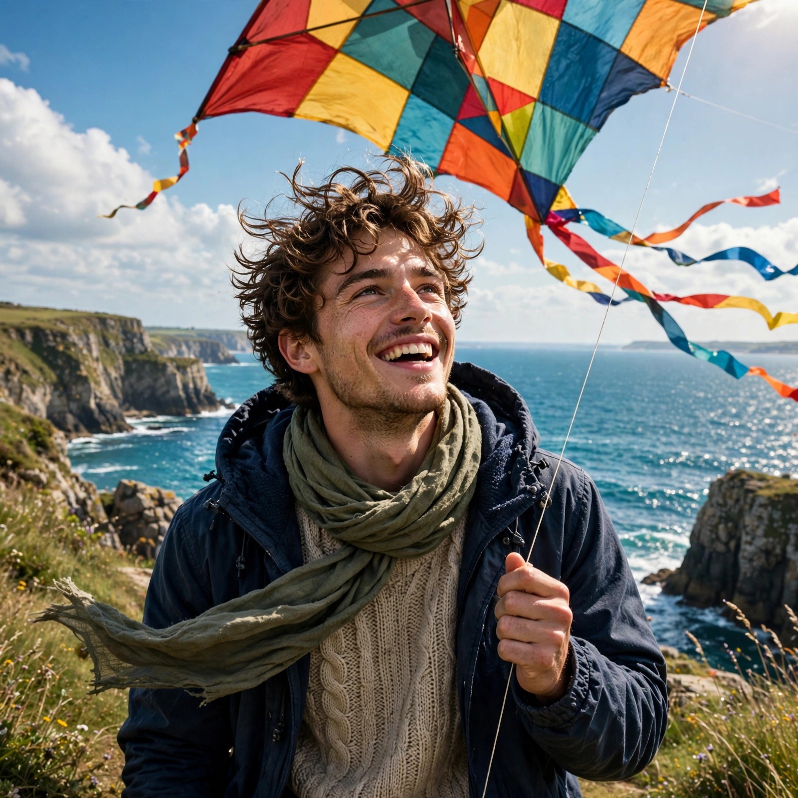 fictional adult young man kite flyer on a breezy coastal cliff boys dp