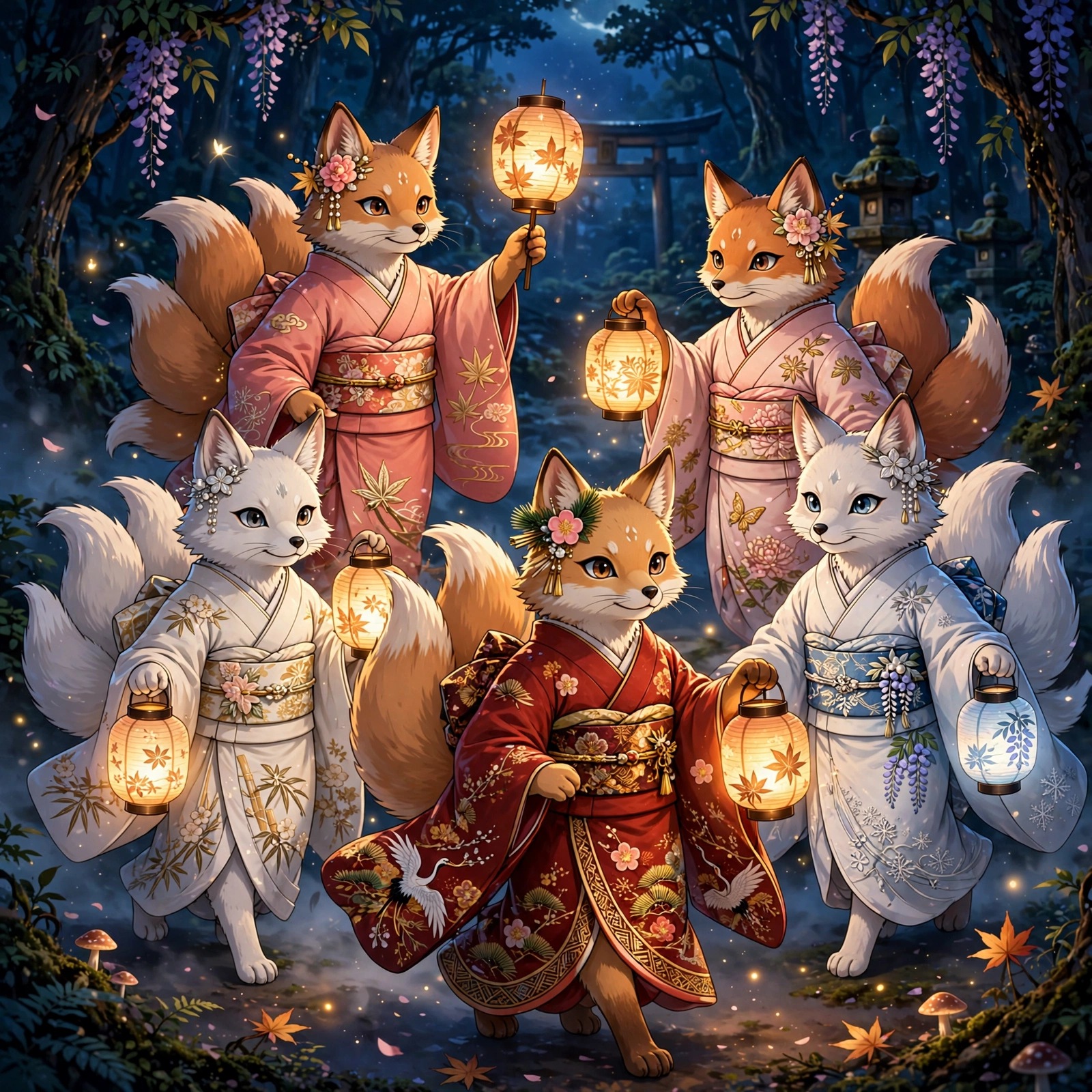 kitsune fox spirits with lanterns at night anime dp