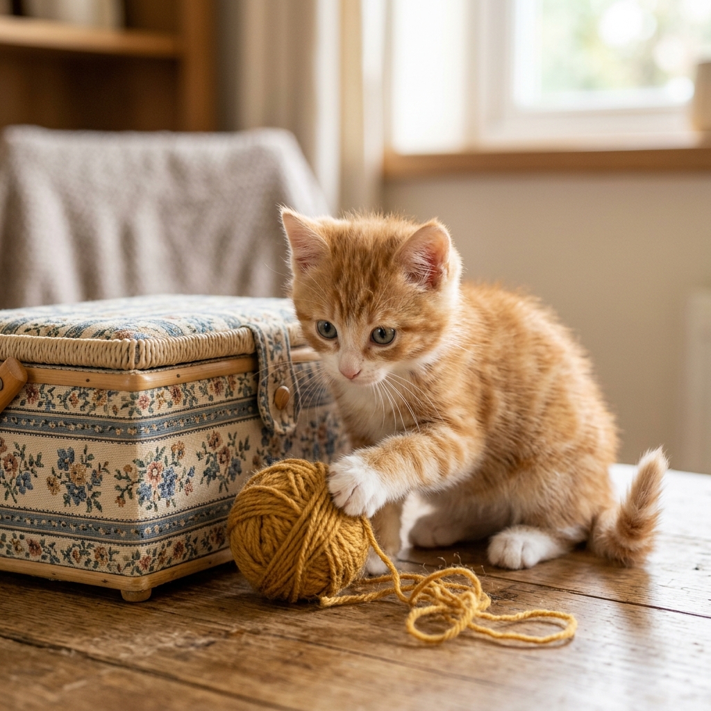 A ginger kitten plays beside a closed sewing basket and a loose yarn ball