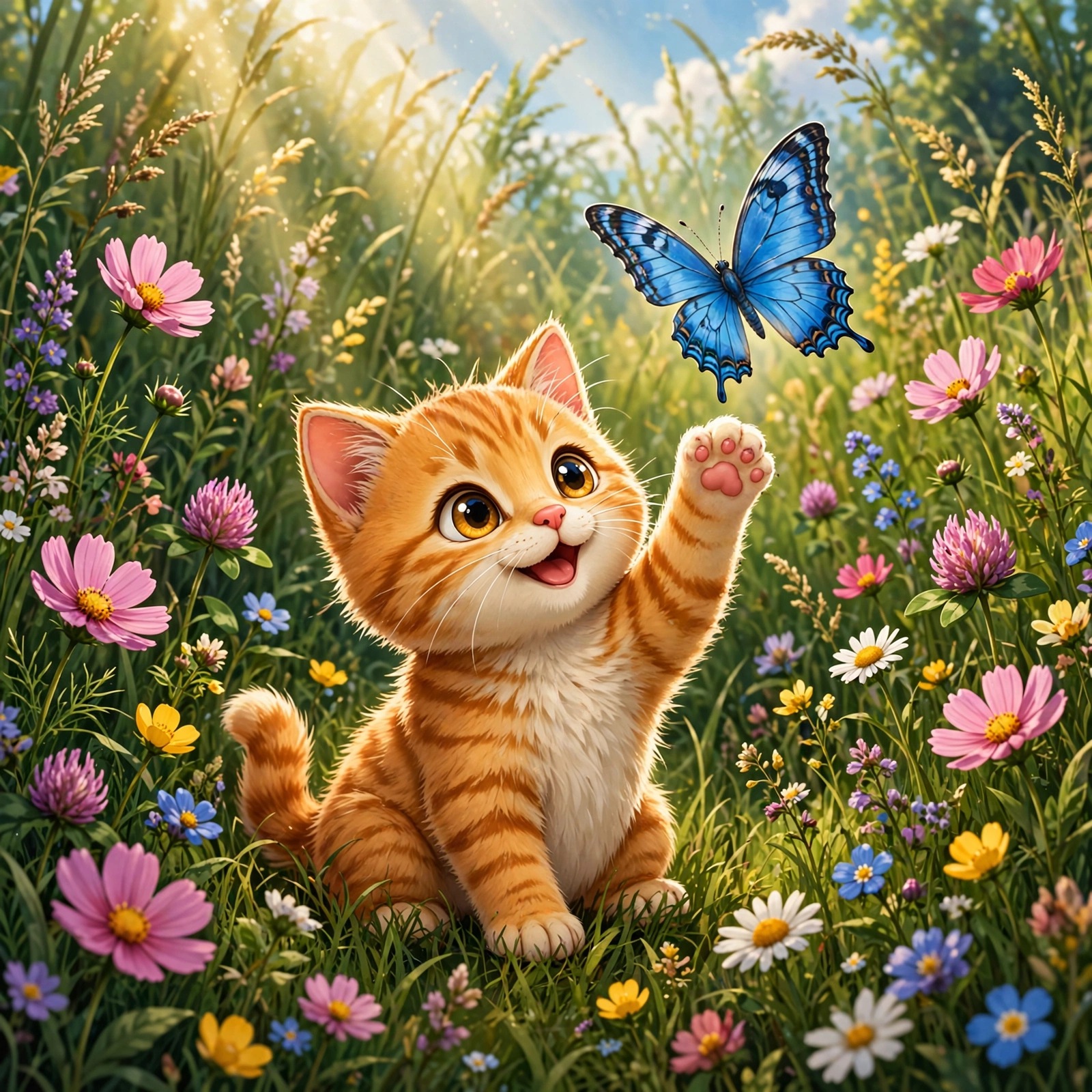 Kitten Chasing a Butterfly in the Meadow