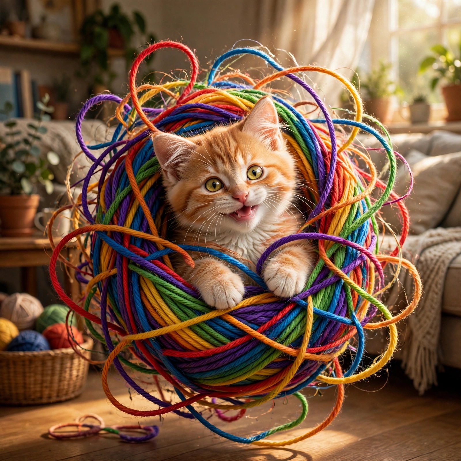 playful kitten tangled in giant rainbow yarn ball cute dp