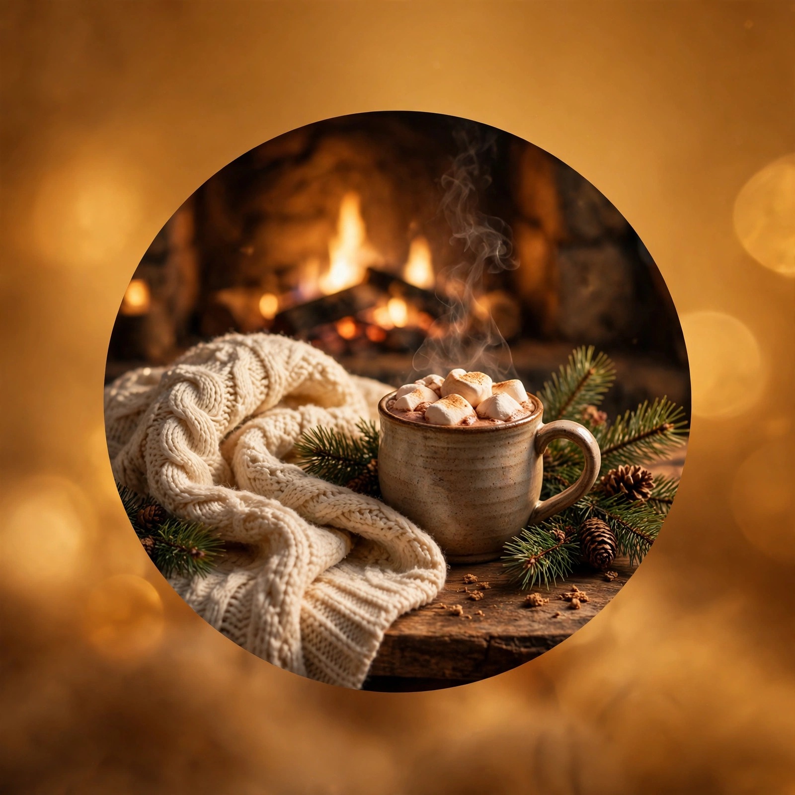 Cream knitted sweater and cocoa with marshmallows by a fireplace
