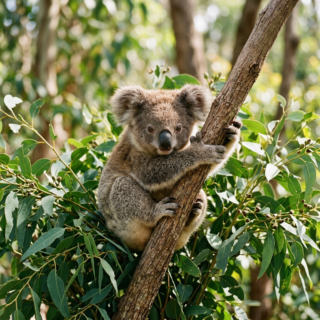 A small koala curls around a eucalyptus branch in gentle daylight