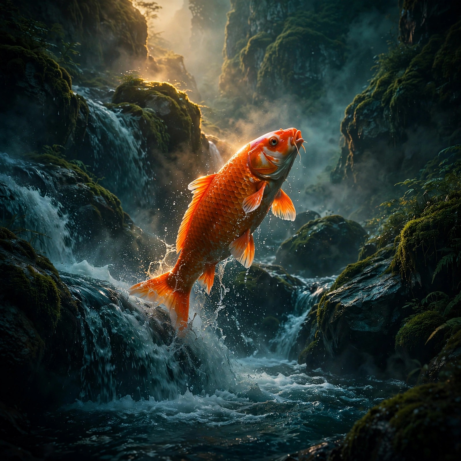 koi fish leaping up waterfall