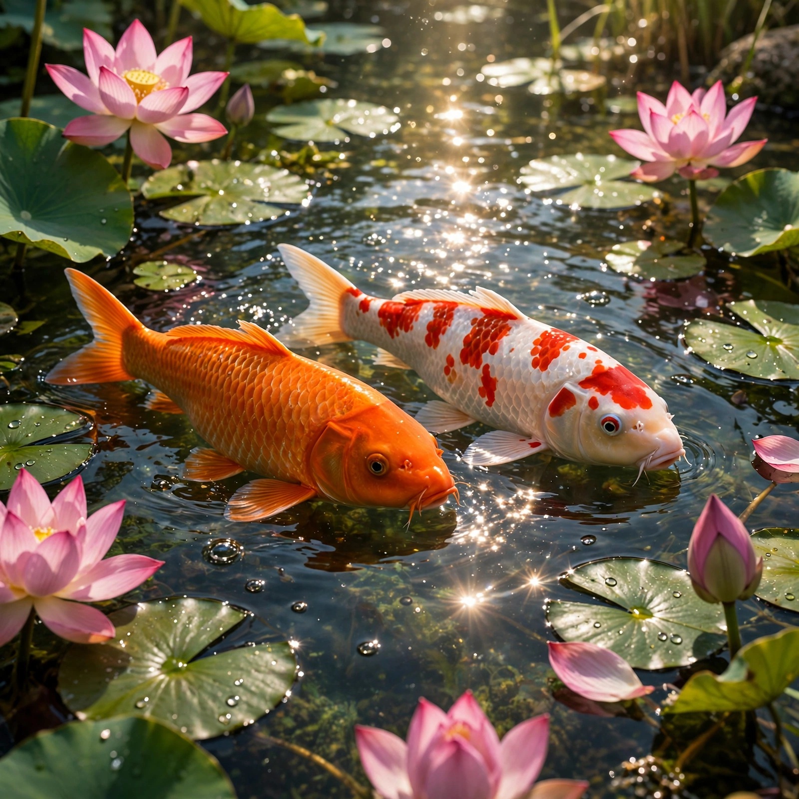 Koi Pair Swimming in a Lotus Pond