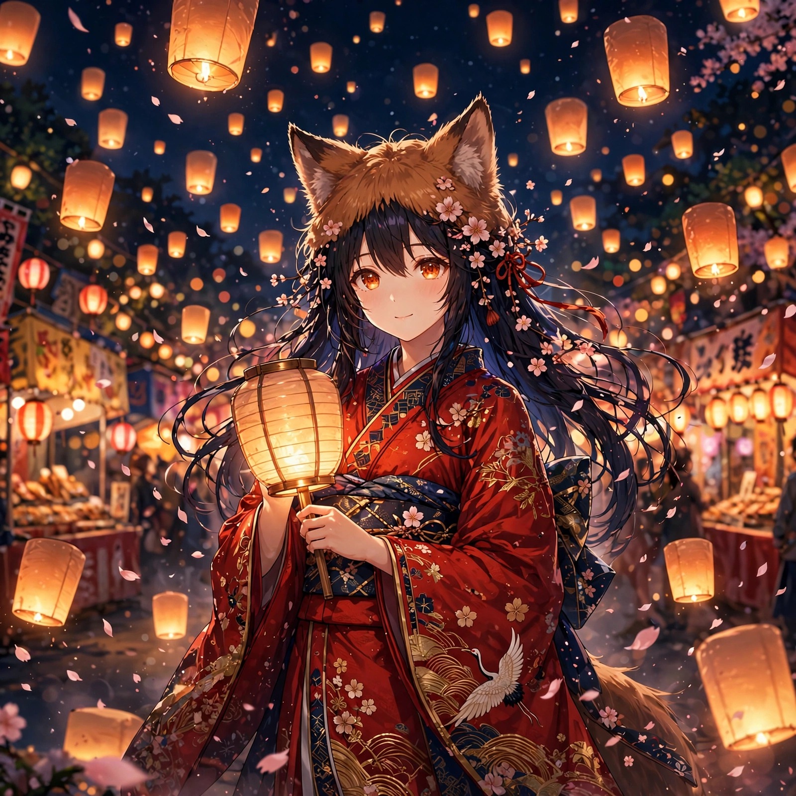 fox eared anime girl with glowing lantern festival night anime dp