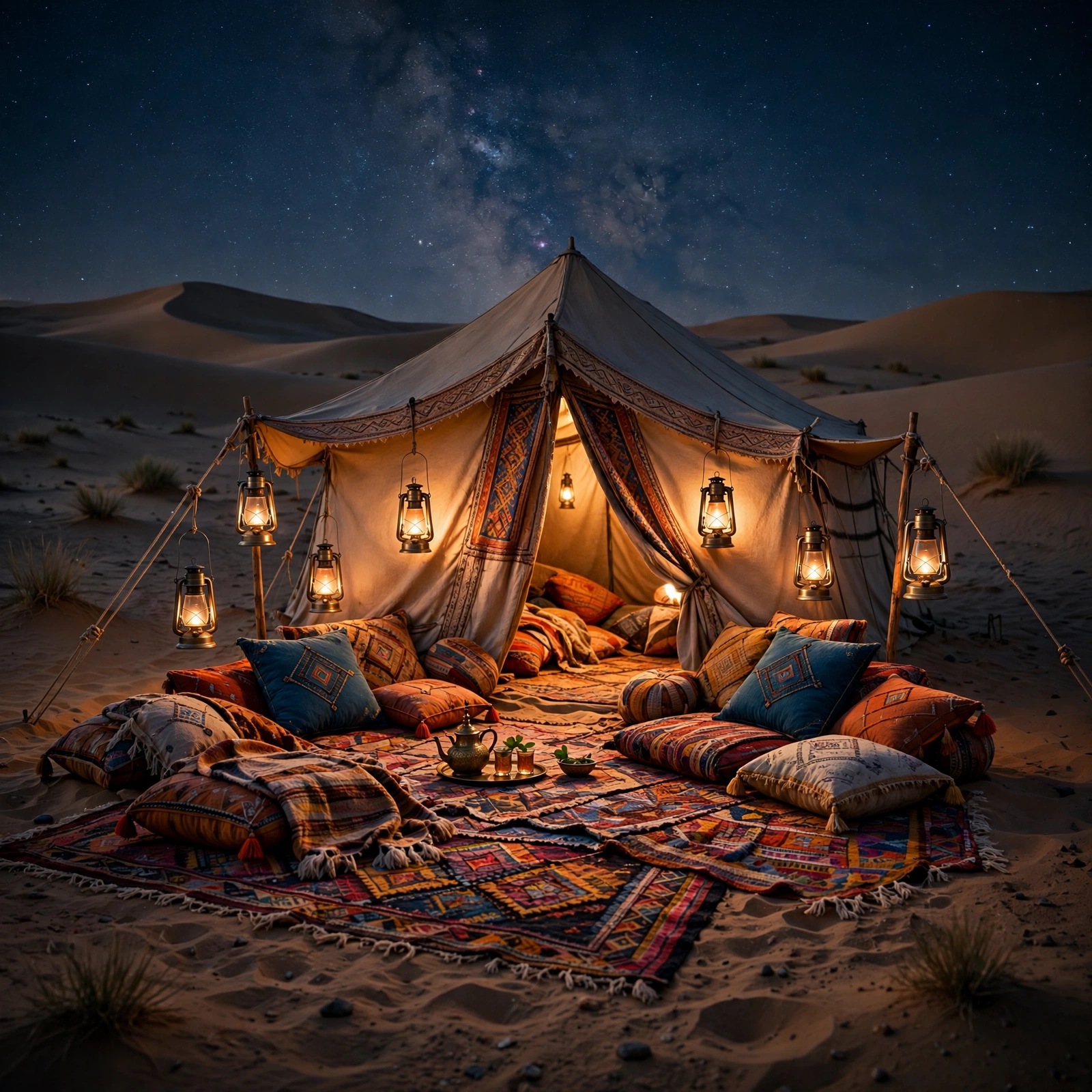 Lantern-Lit Desert Tent Camp at Night