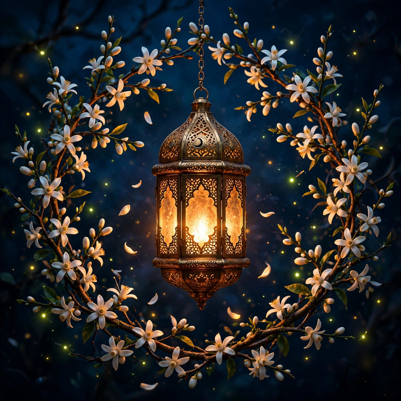 Glowing brass fanoos lantern among orange-blossom branches on a deep blue night, Islamic DP