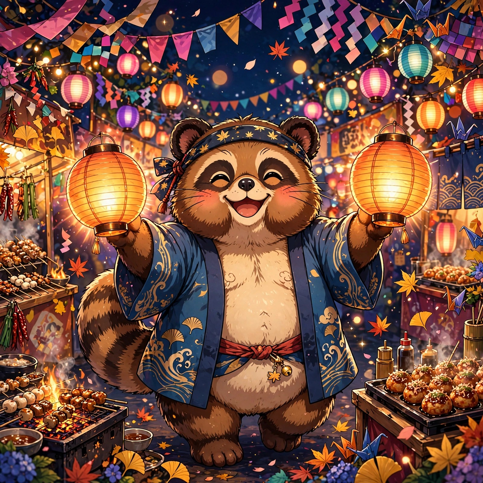 Cheerful tanuki with lanterns at a night festival parade, square anime DP