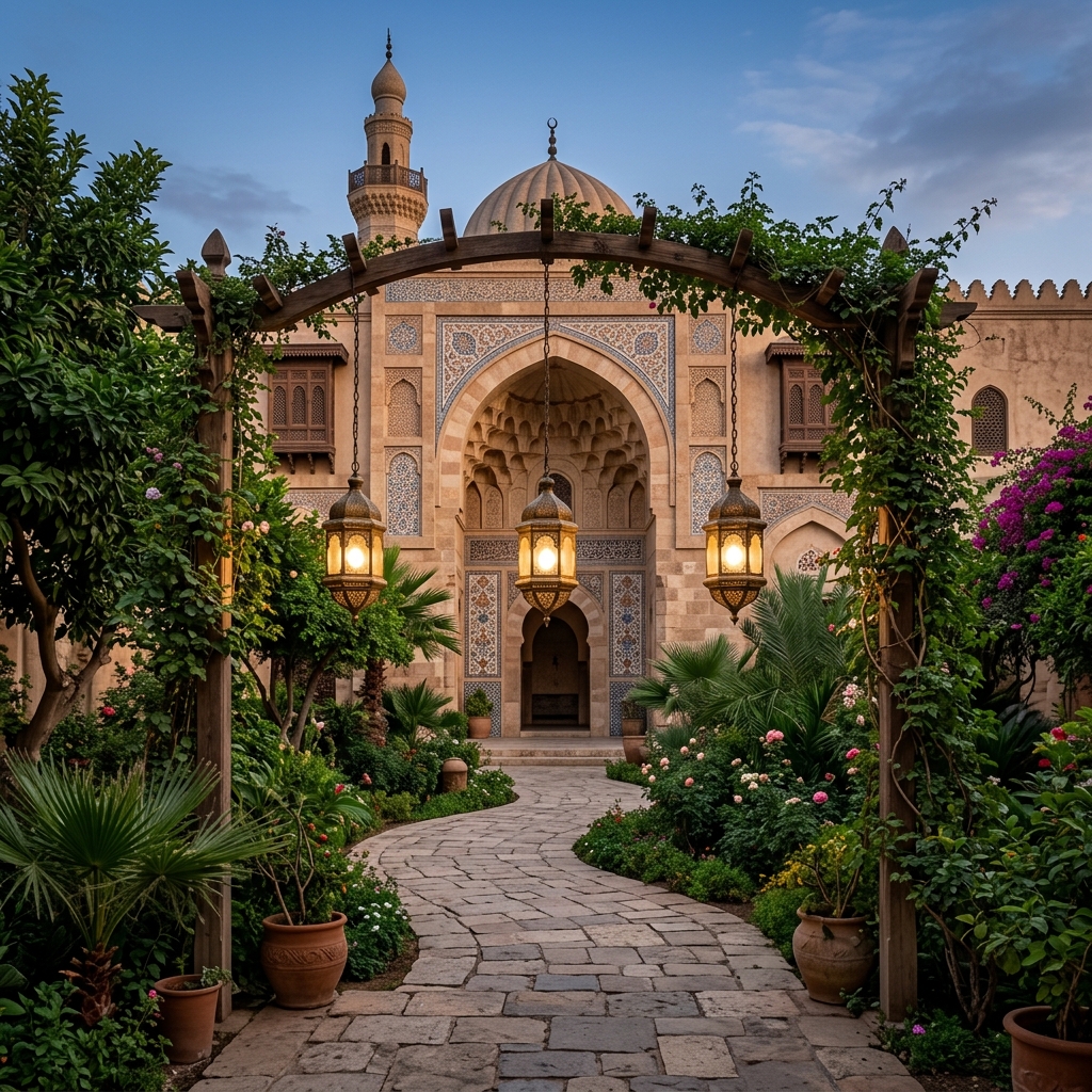 Three hanging lanterns light a peaceful mosque garden path