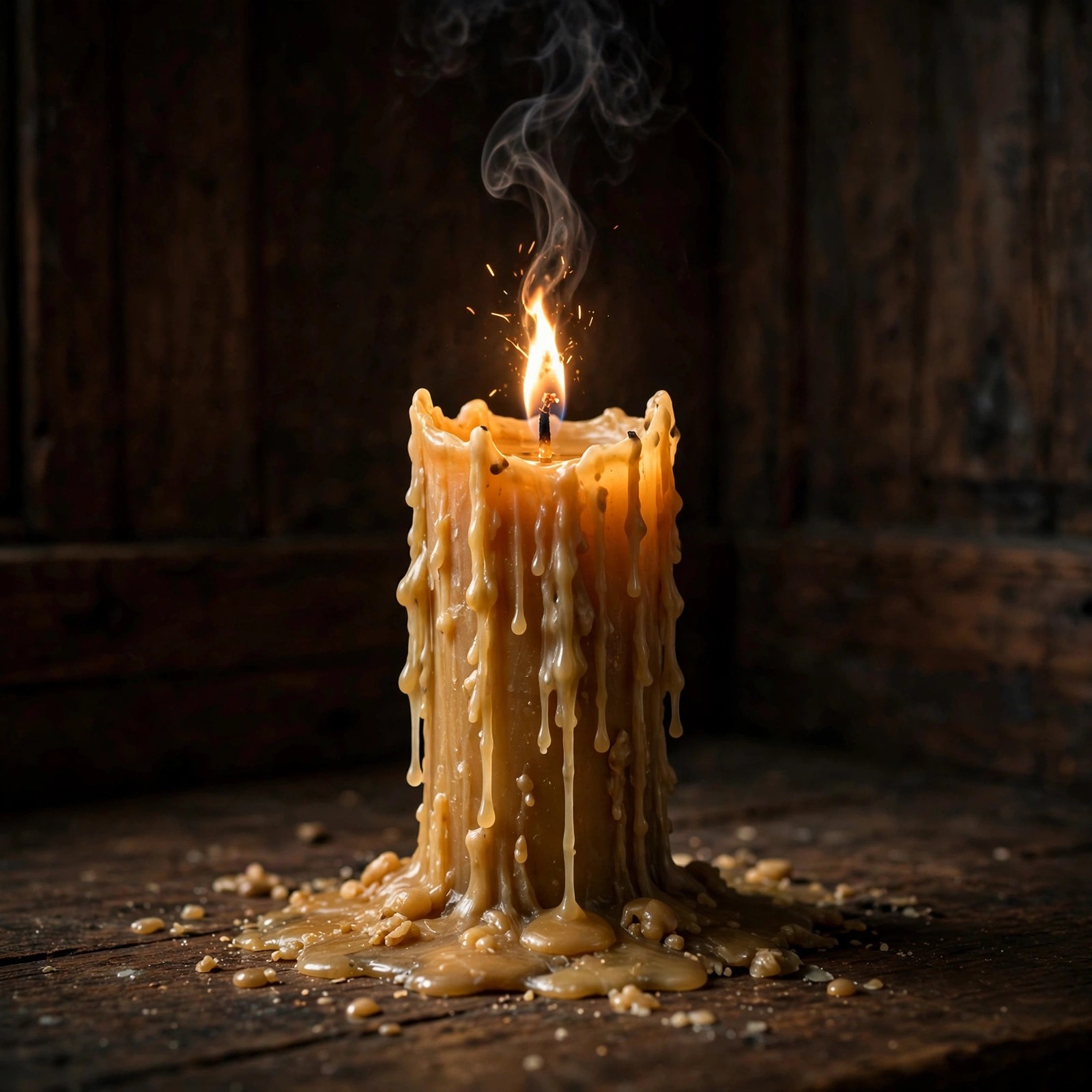 Single melting candle with flickering flame in a dark room, sad WhatsApp DP