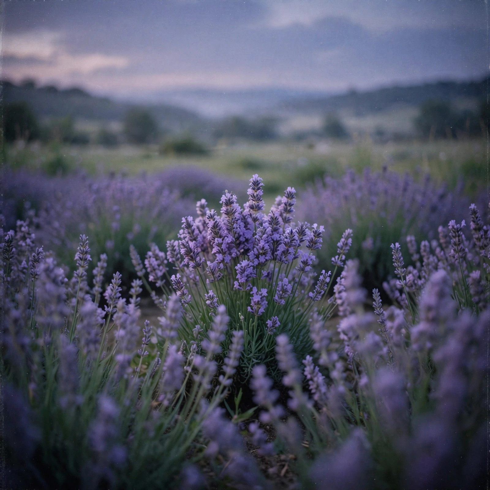 Lavender field at soft dusk with subtle film grain texture