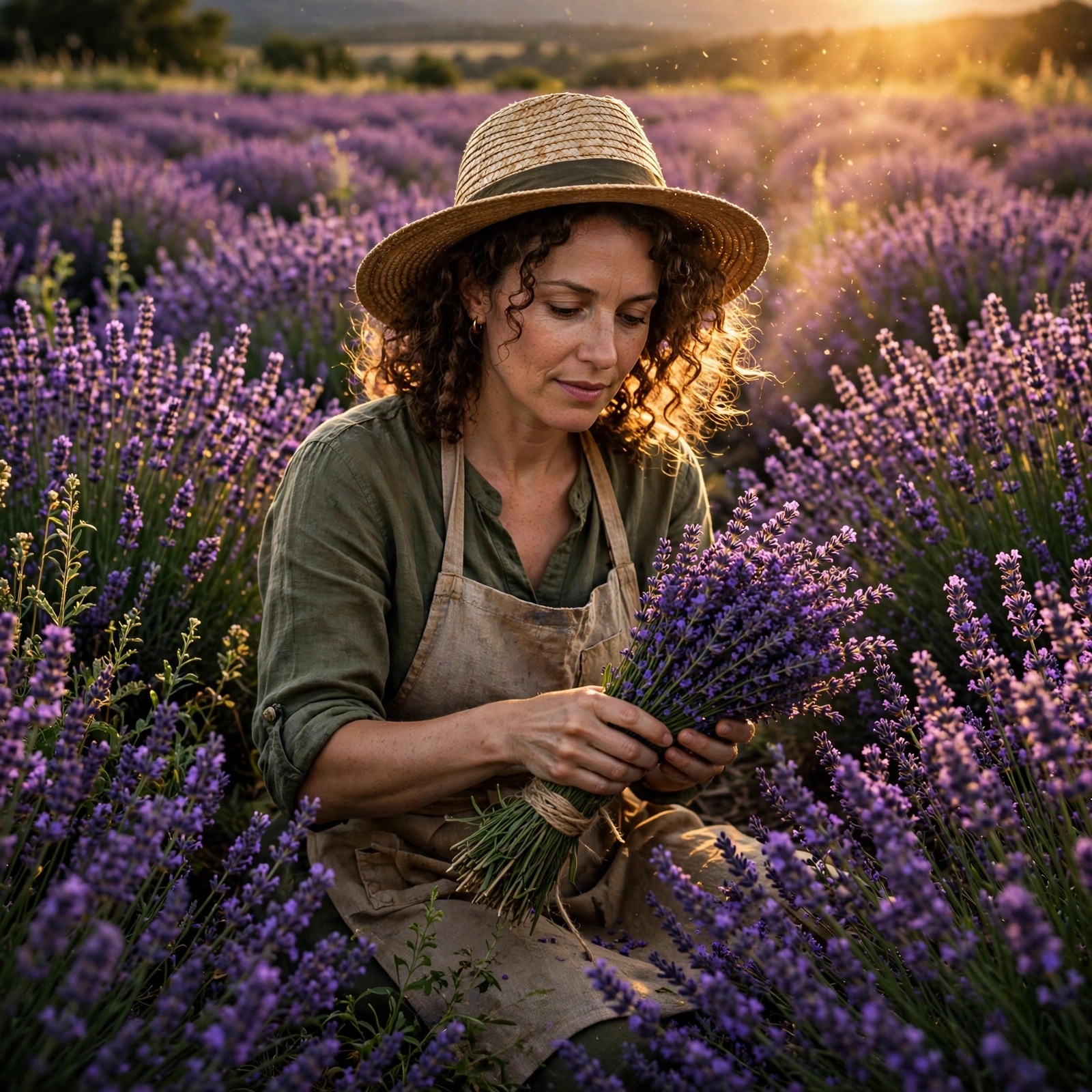 Lavender Field Harvester at Dusk