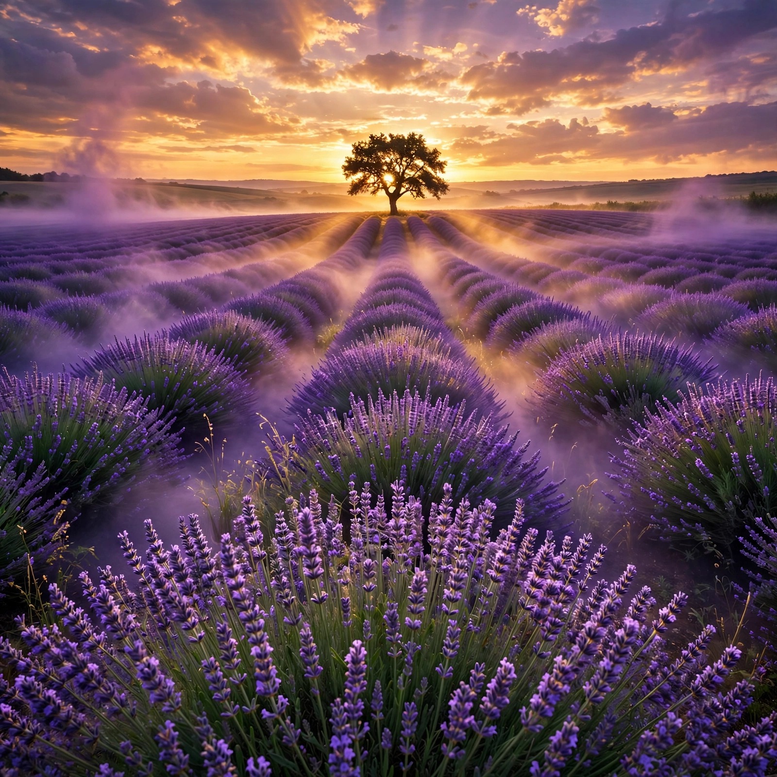 Endless lavender field at sunset with purple haze and a lone tree, square WhatsApp DP