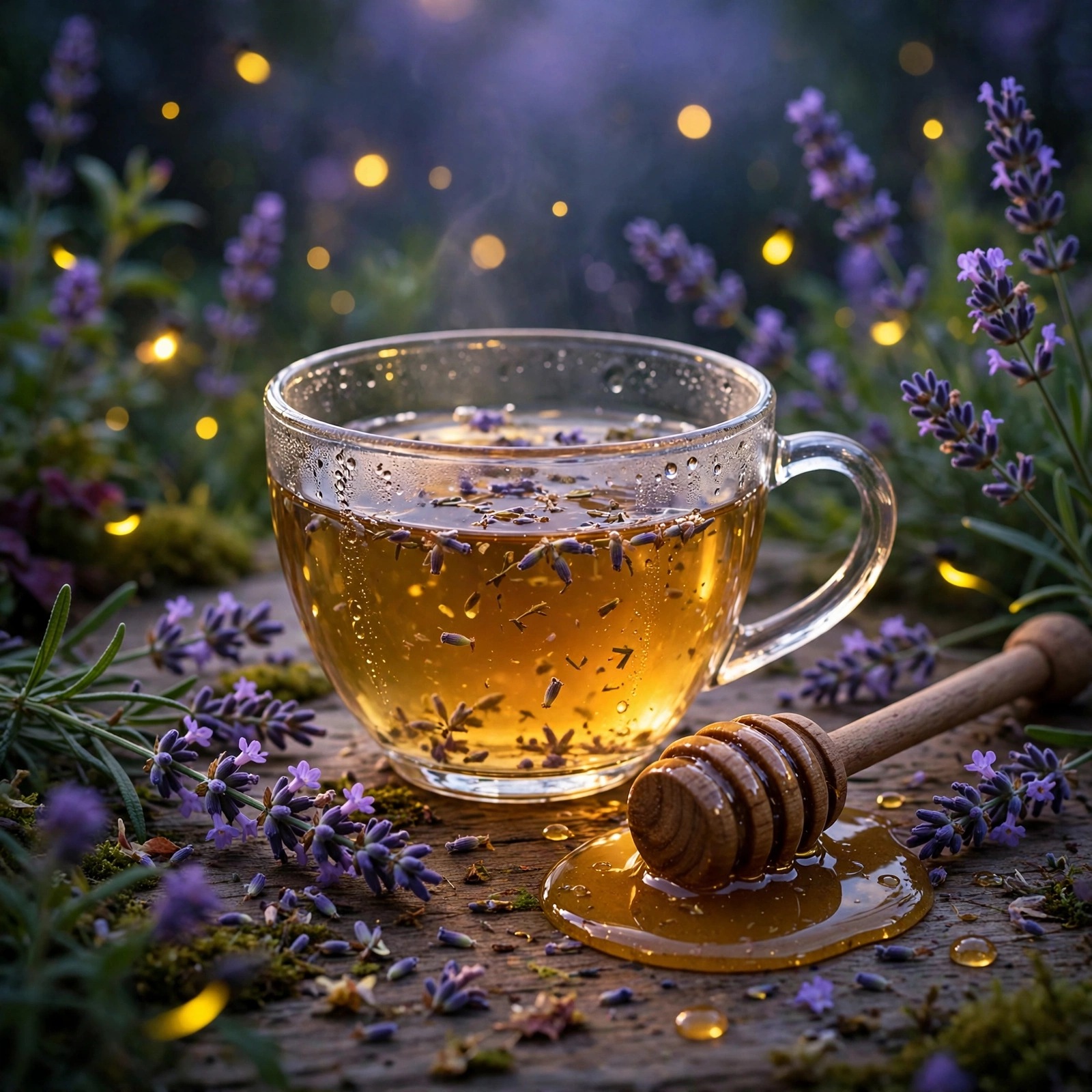 Lavender honey tea in a glass cup at dusk with lavender sprigs and fireflies