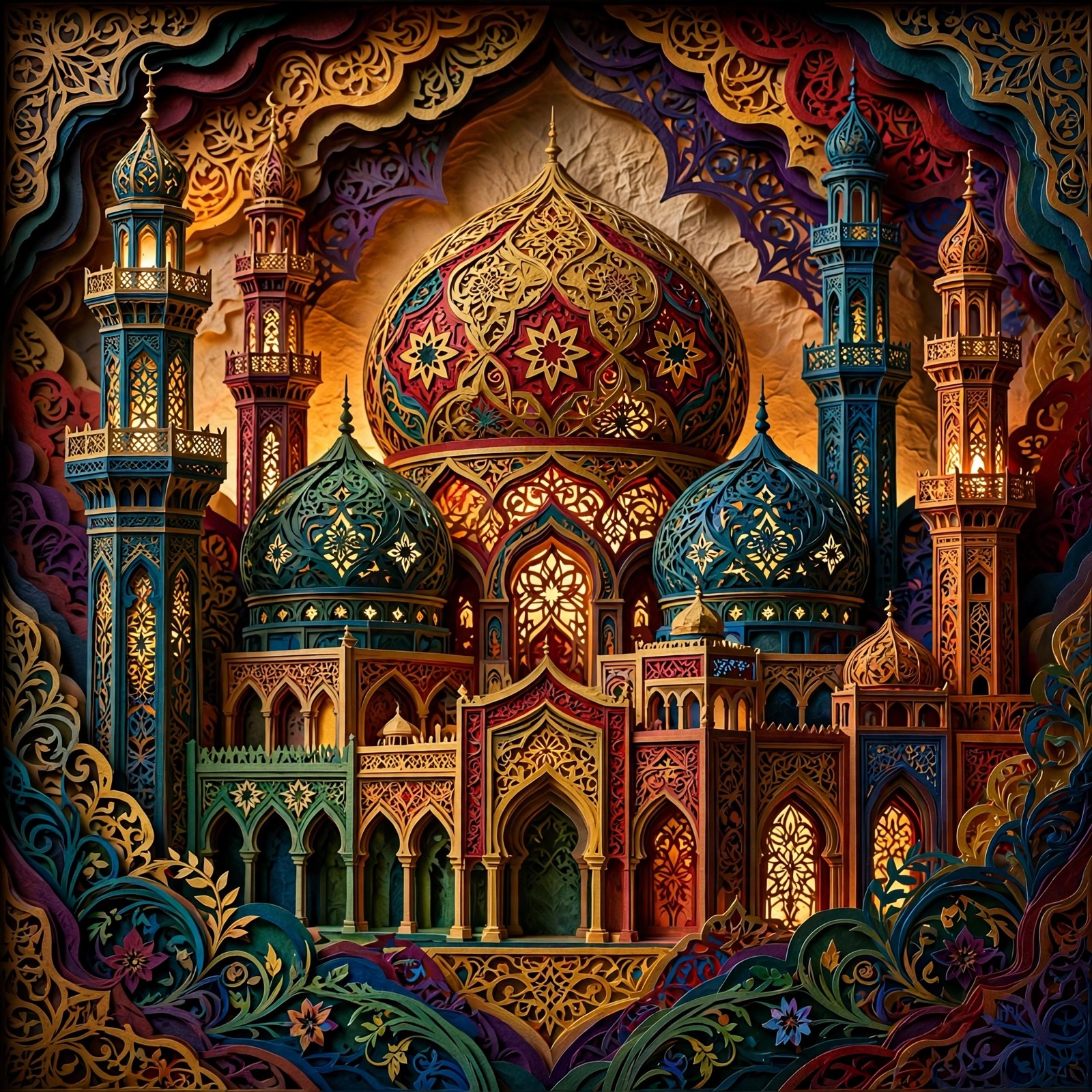 Layered paper-cut mosque skyline art