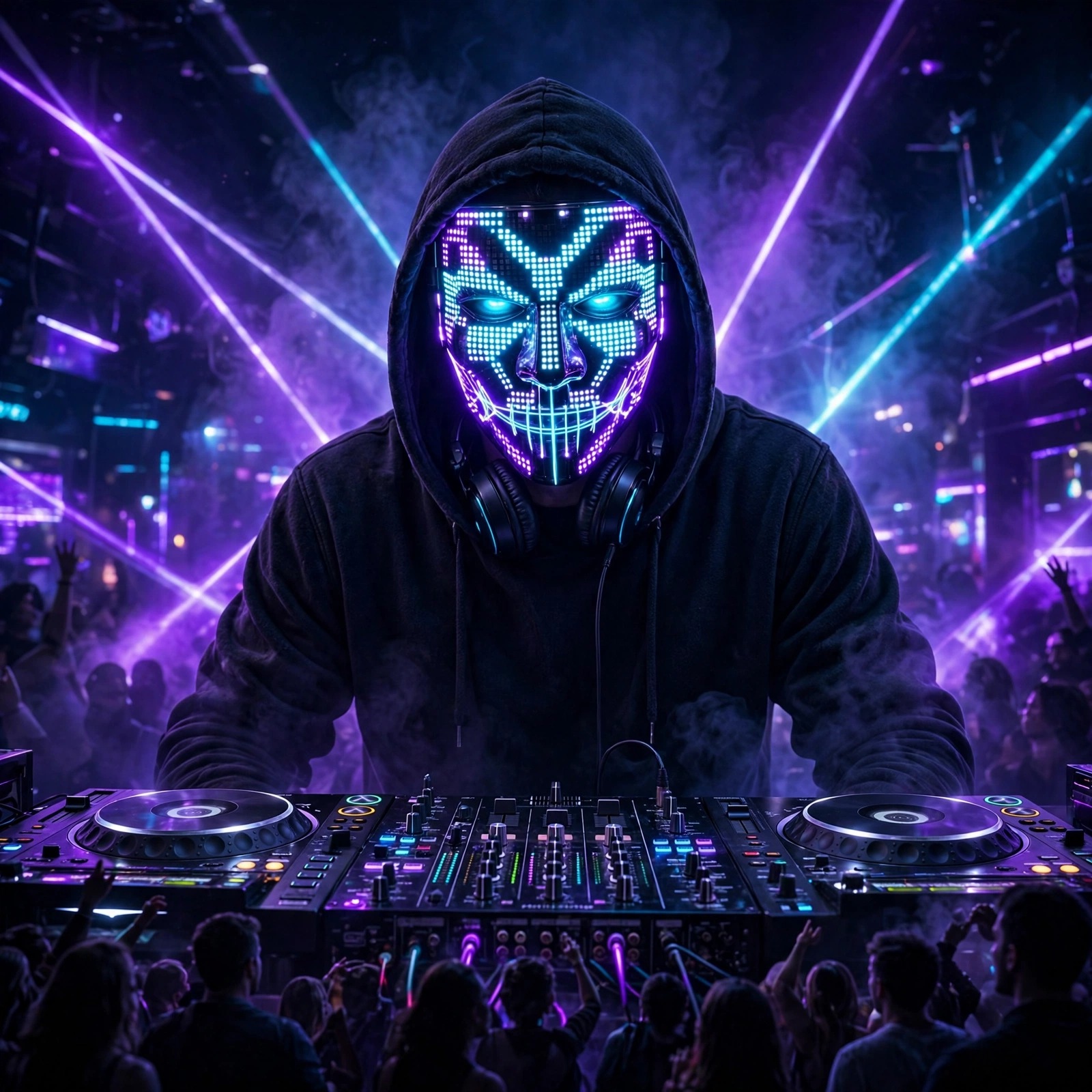 Hooded DJ with glowing LED mask in neon club with purple and cyan lasers, attitude WhatsApp DP