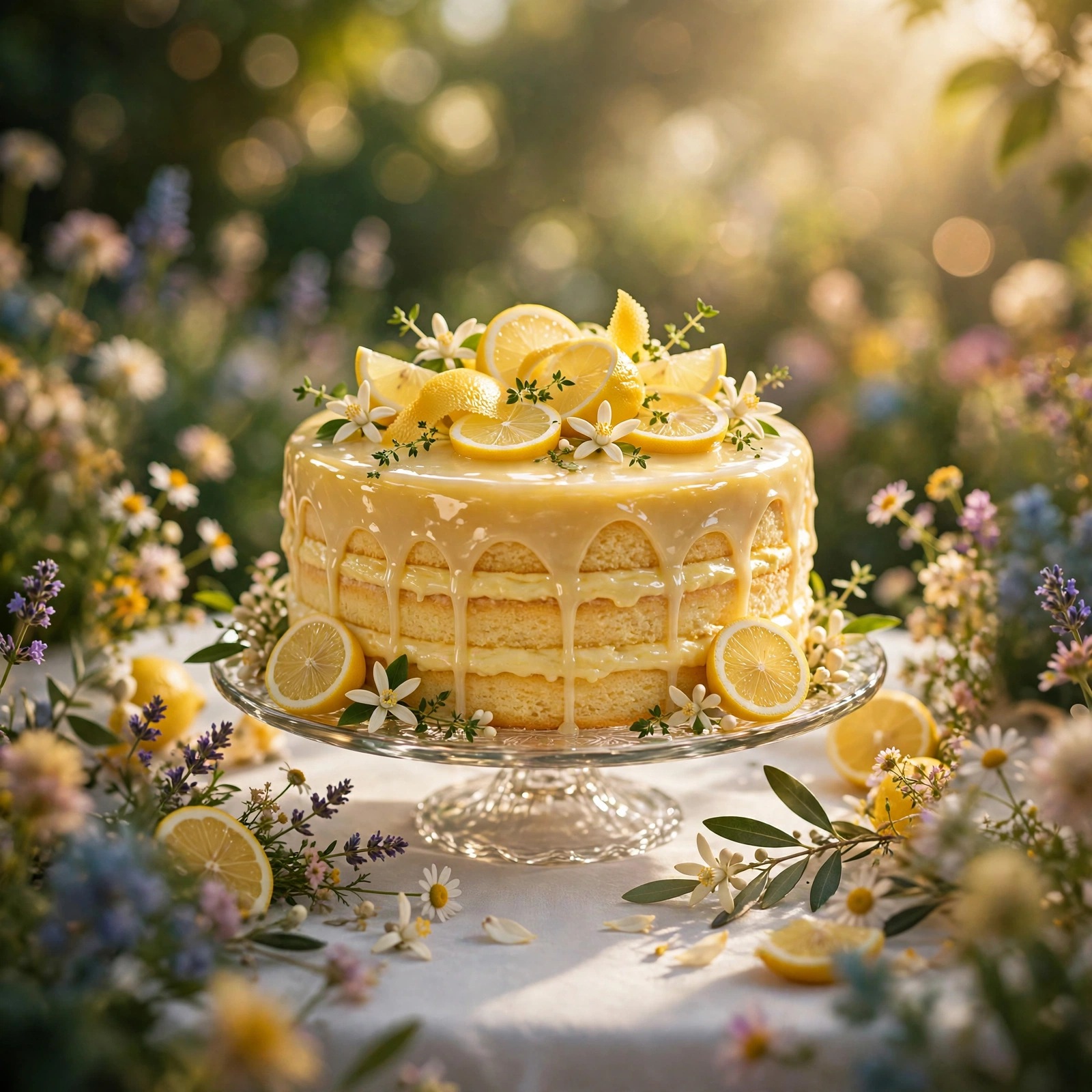 Lemon layer cake with glossy icing on a glass cake stand