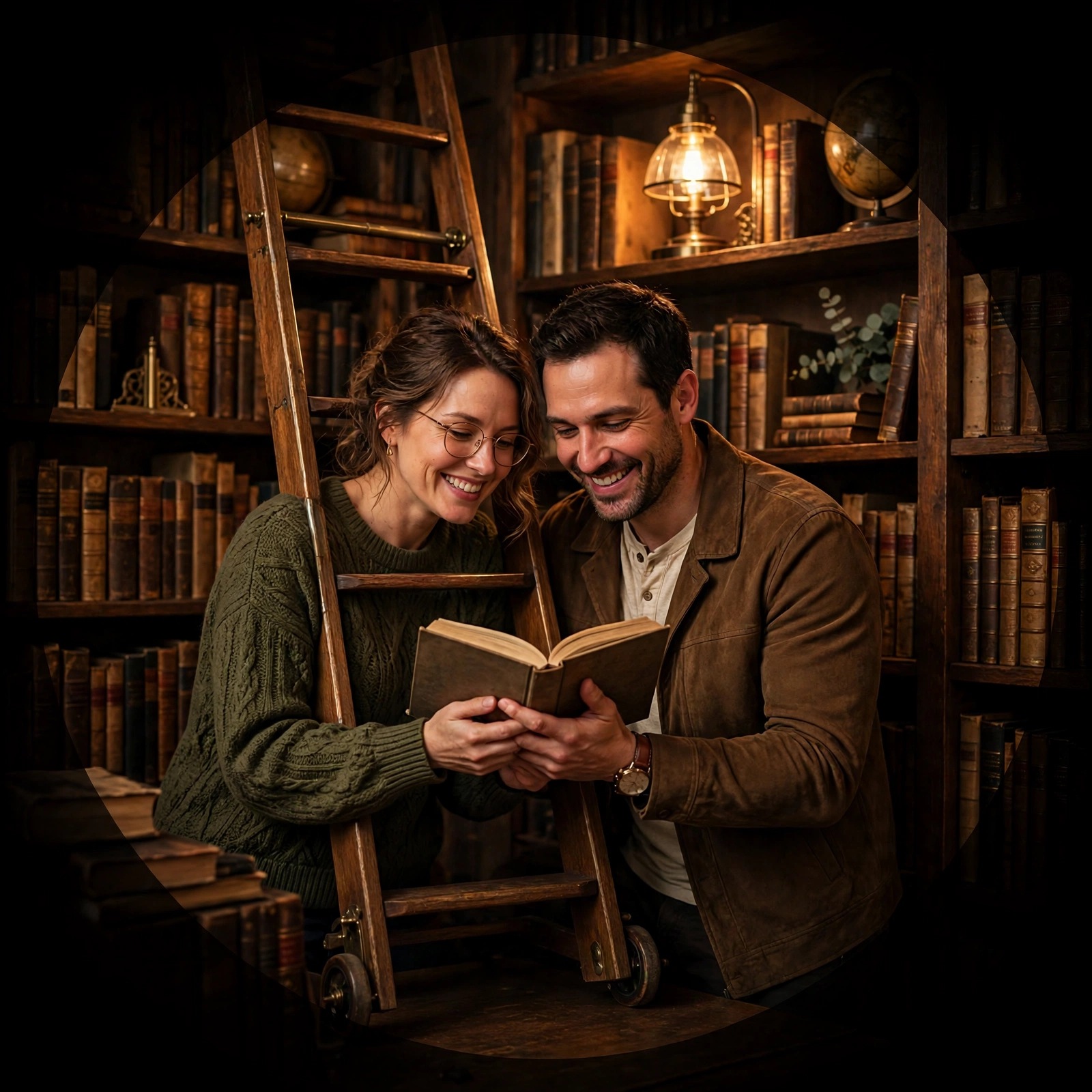 Couple sharing a book on a library ladder