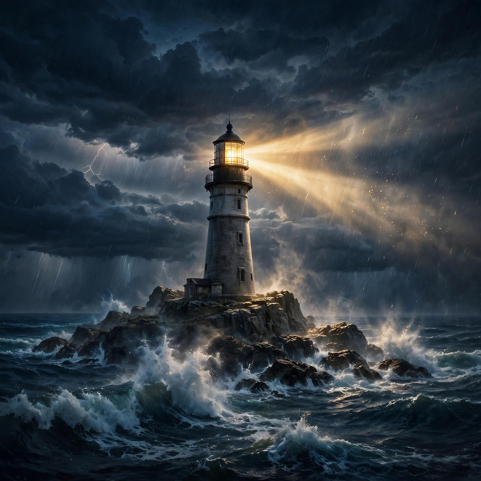 Lighthouse beam cutting powerfully through a dark stormy night over crashing waves