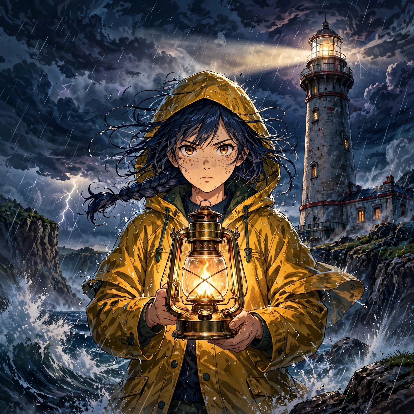 Anime girl lighthouse keeper in raincoat holding a glowing lantern in a storm, square anime DP