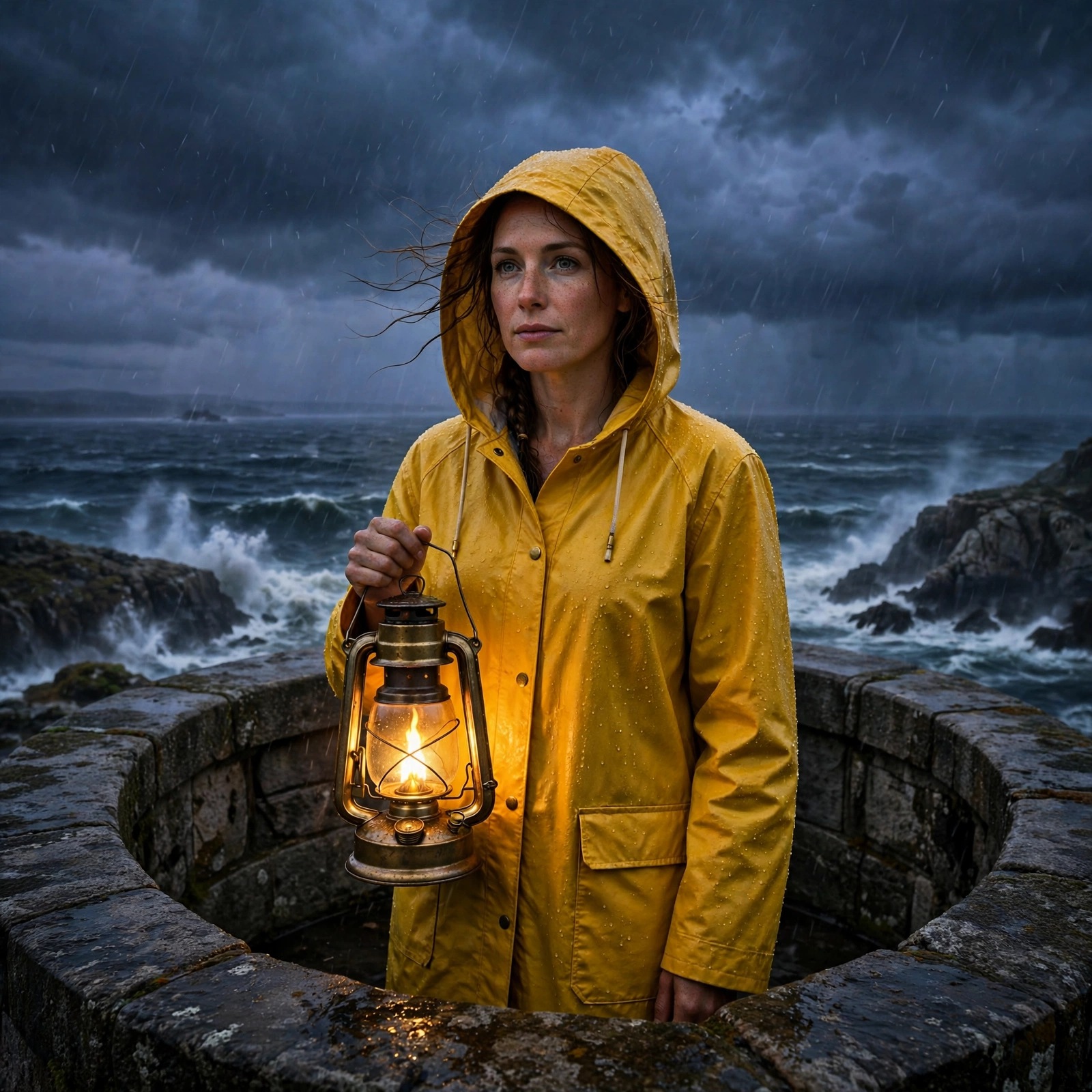 Woman lighthouse keeper holding glowing lantern in storm at twilight, WhatsApp DP