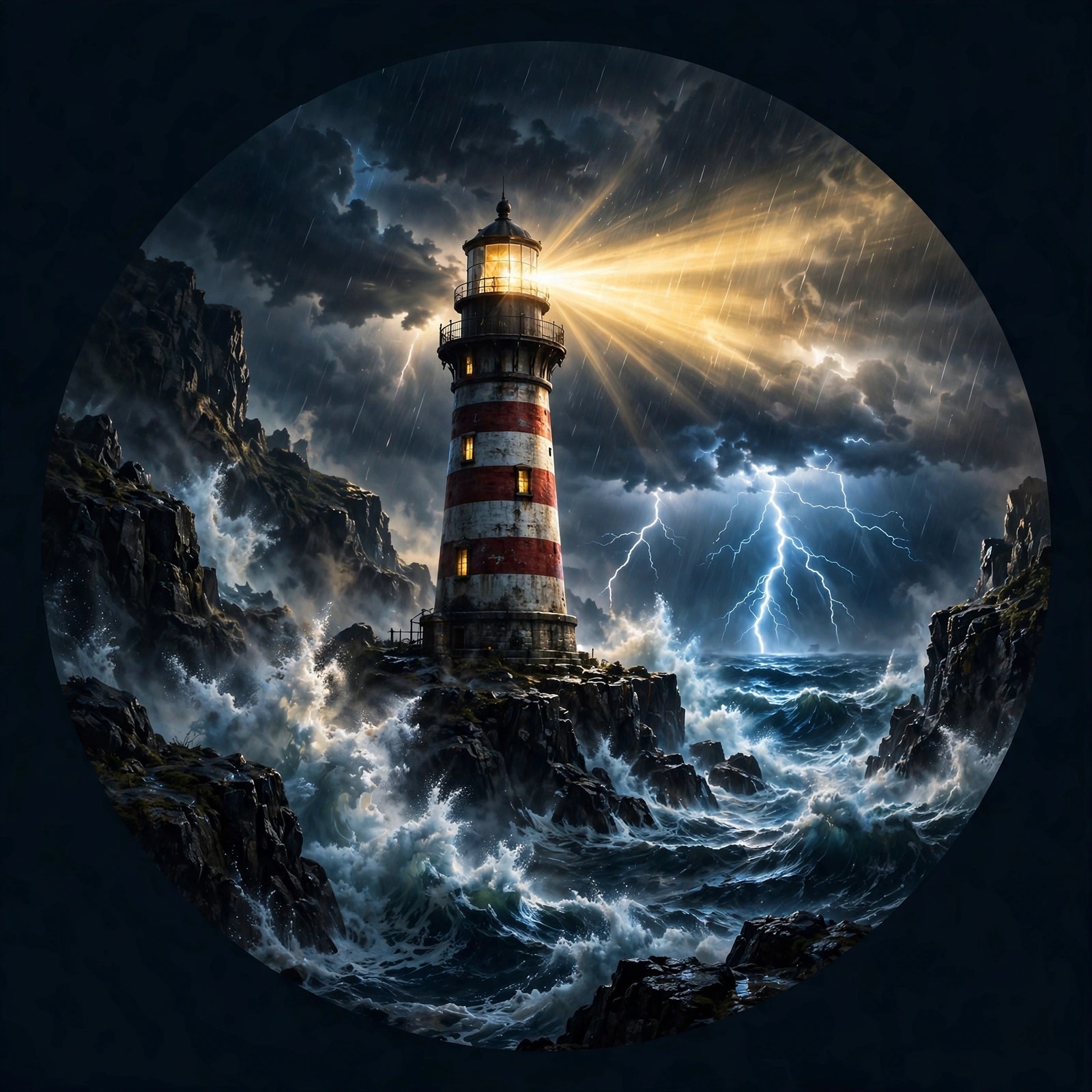 Striped lighthouse sweeping its beam through a stormy night sea with lightning