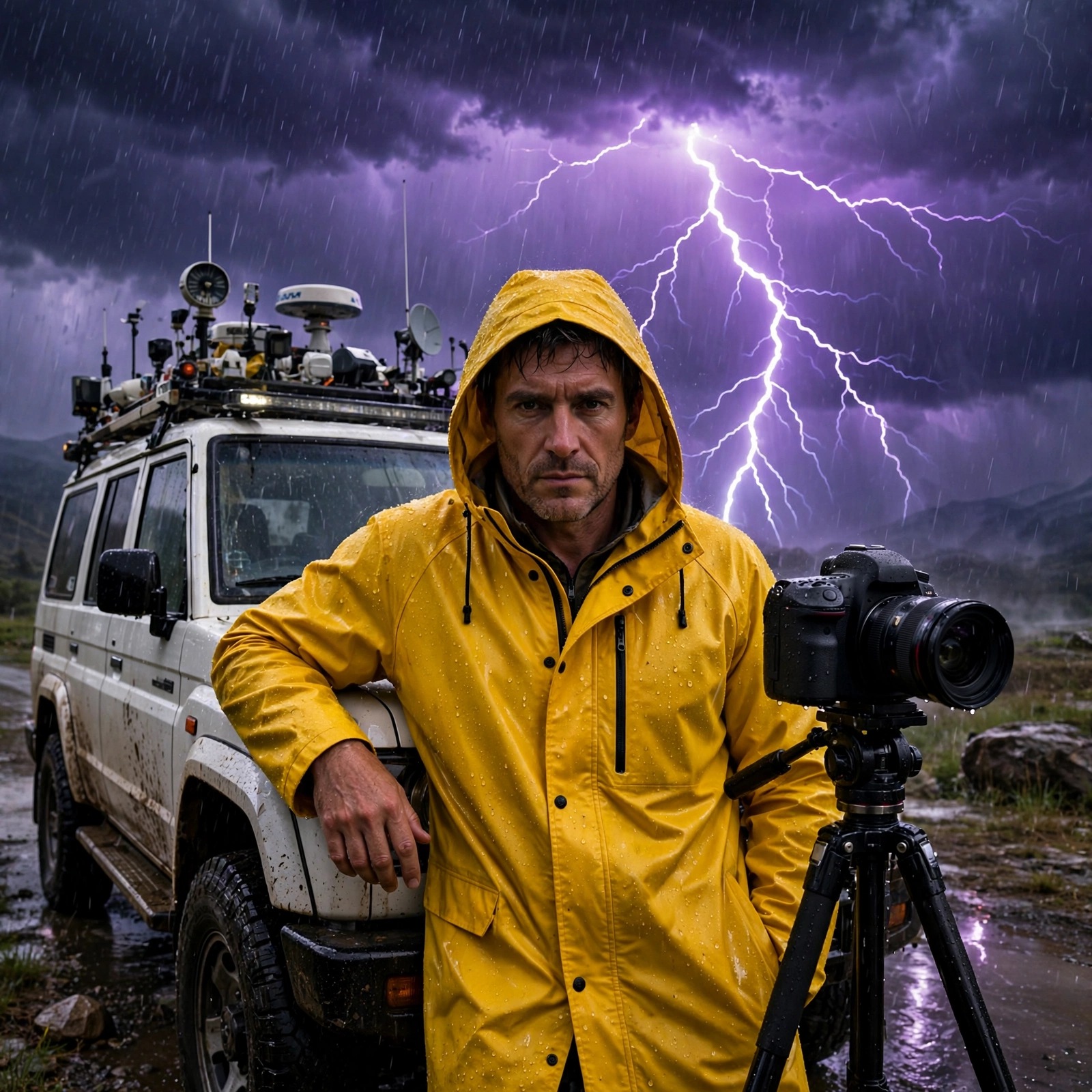 Storm chaser in yellow raincoat under purple lightning strike, attitude DP