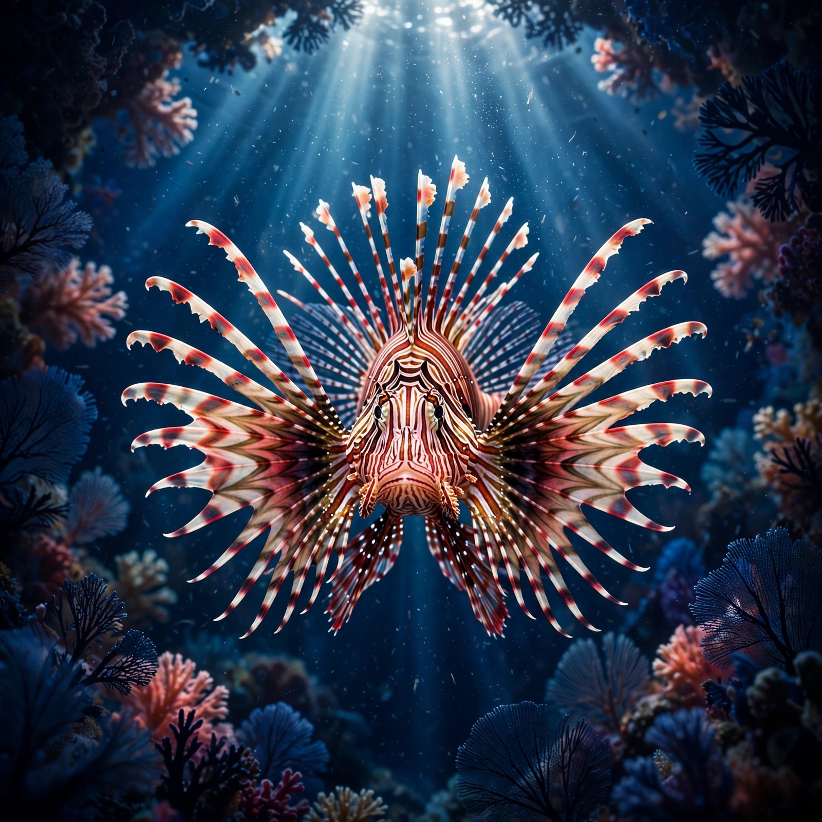 Lionfish with fanned spines in deep blue glowing water, animal WhatsApp DP