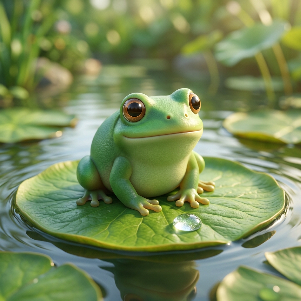 A rounded soft 3D frog sits on a lily pad with a single dew droplet