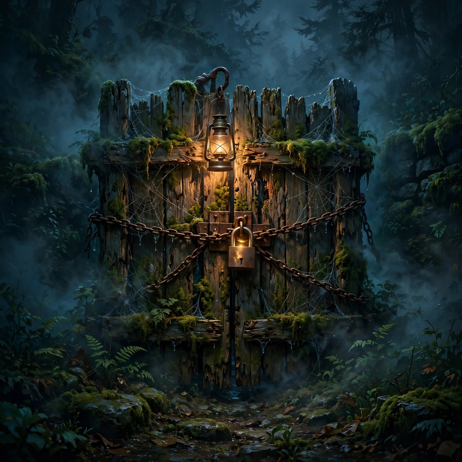 old locked wooden gate in thick fog at night