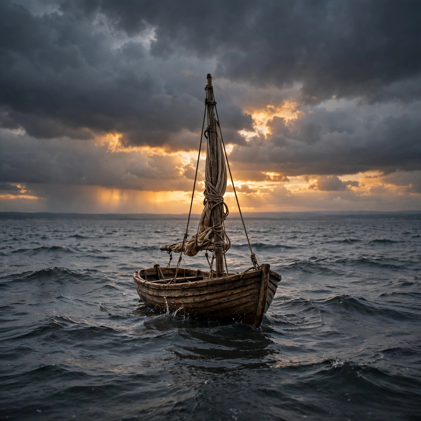 lone sailboat grey sea dusk
