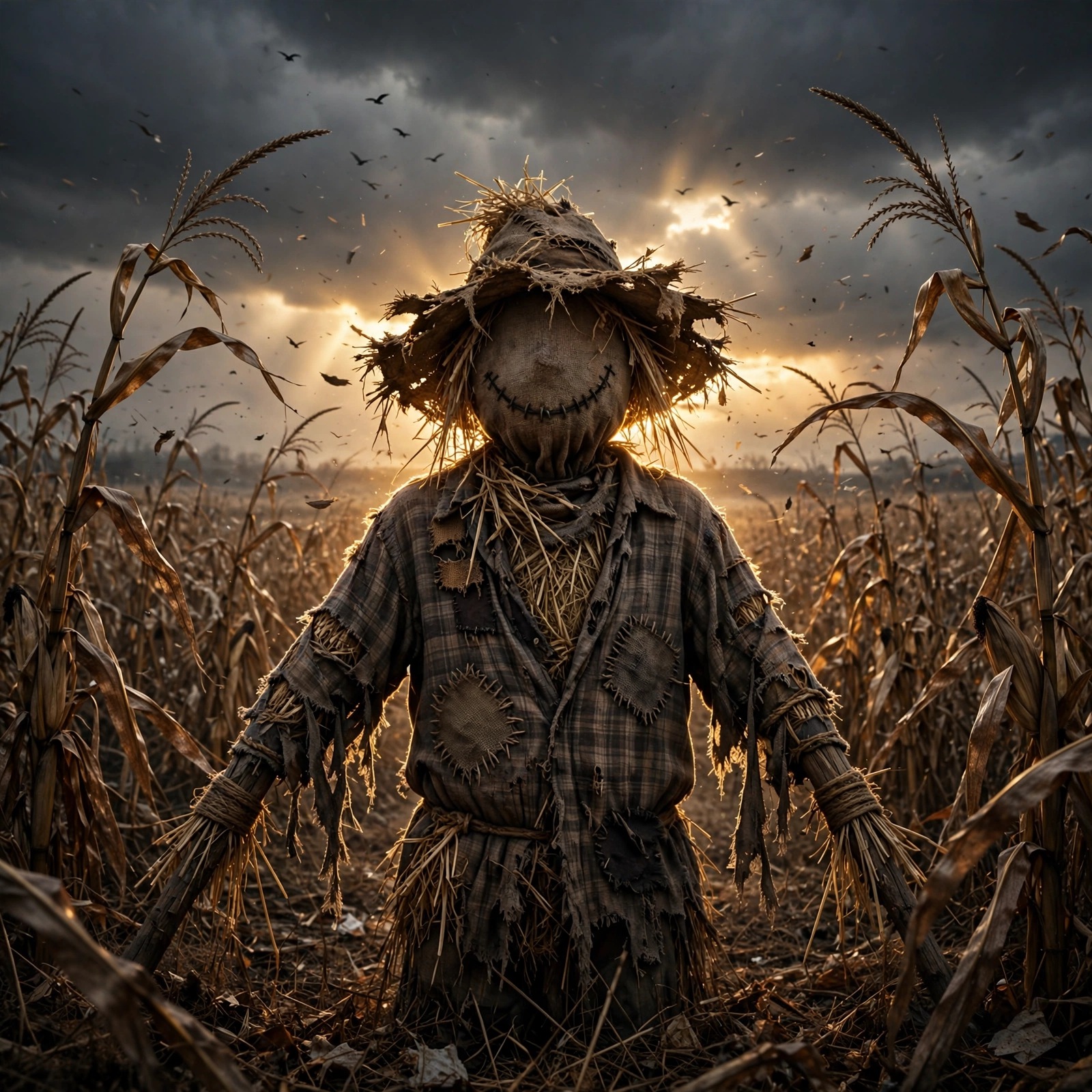 Lone scarecrow standing in a withered cornfield under a stormy sky, sad DP